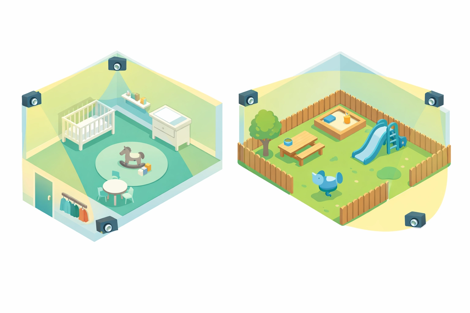 Nursery floor plan diagram showing security camera coverage and safety zones for play areas.