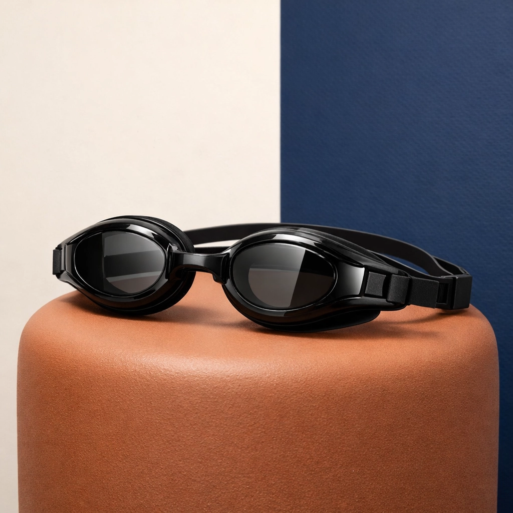Sleek swimming goggles on a pedestal representing professional performance and athletic recovery.