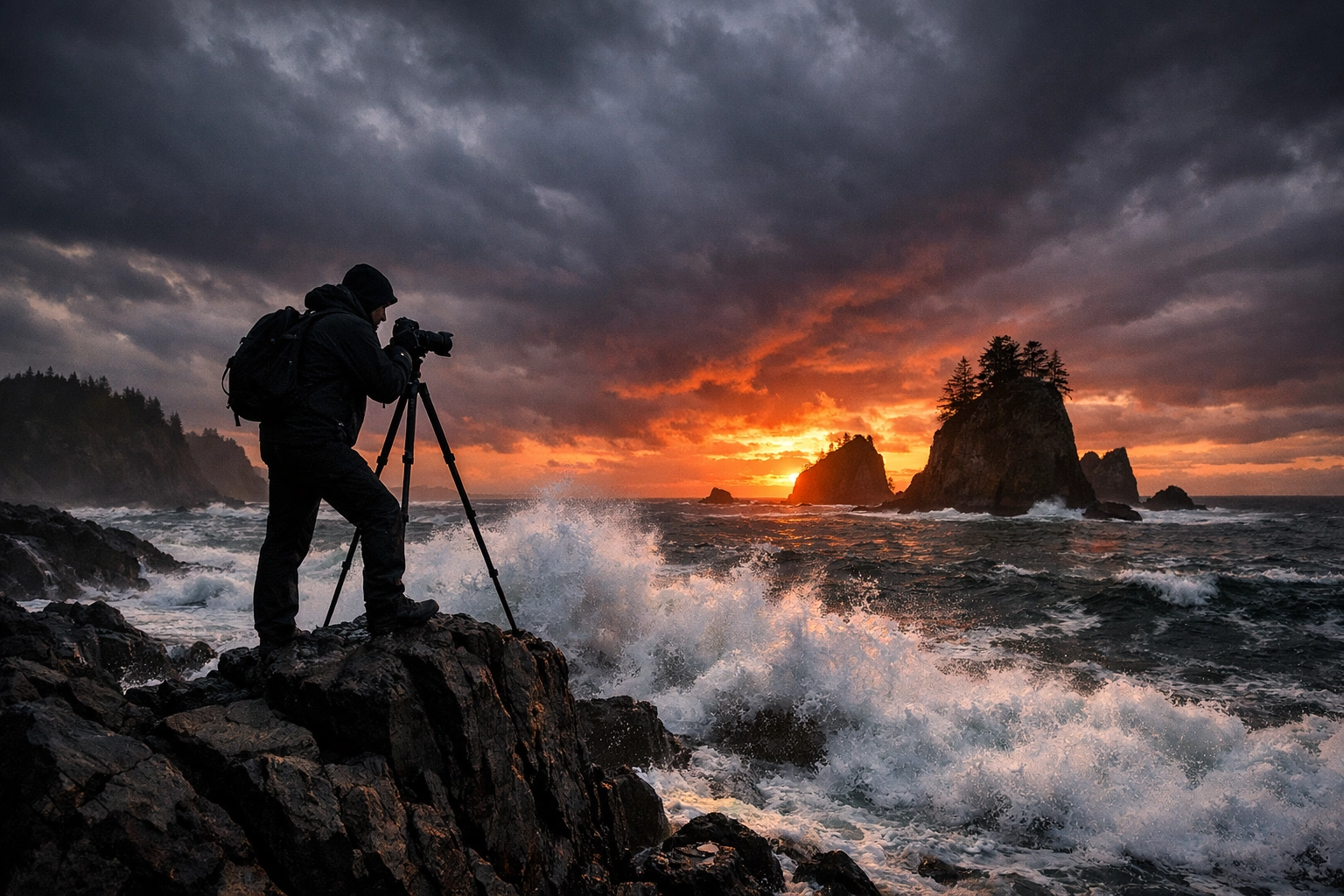 Photographer silhouetted against a Pacific Northwest sunset, a top photo spot for capturing authentic moments.
