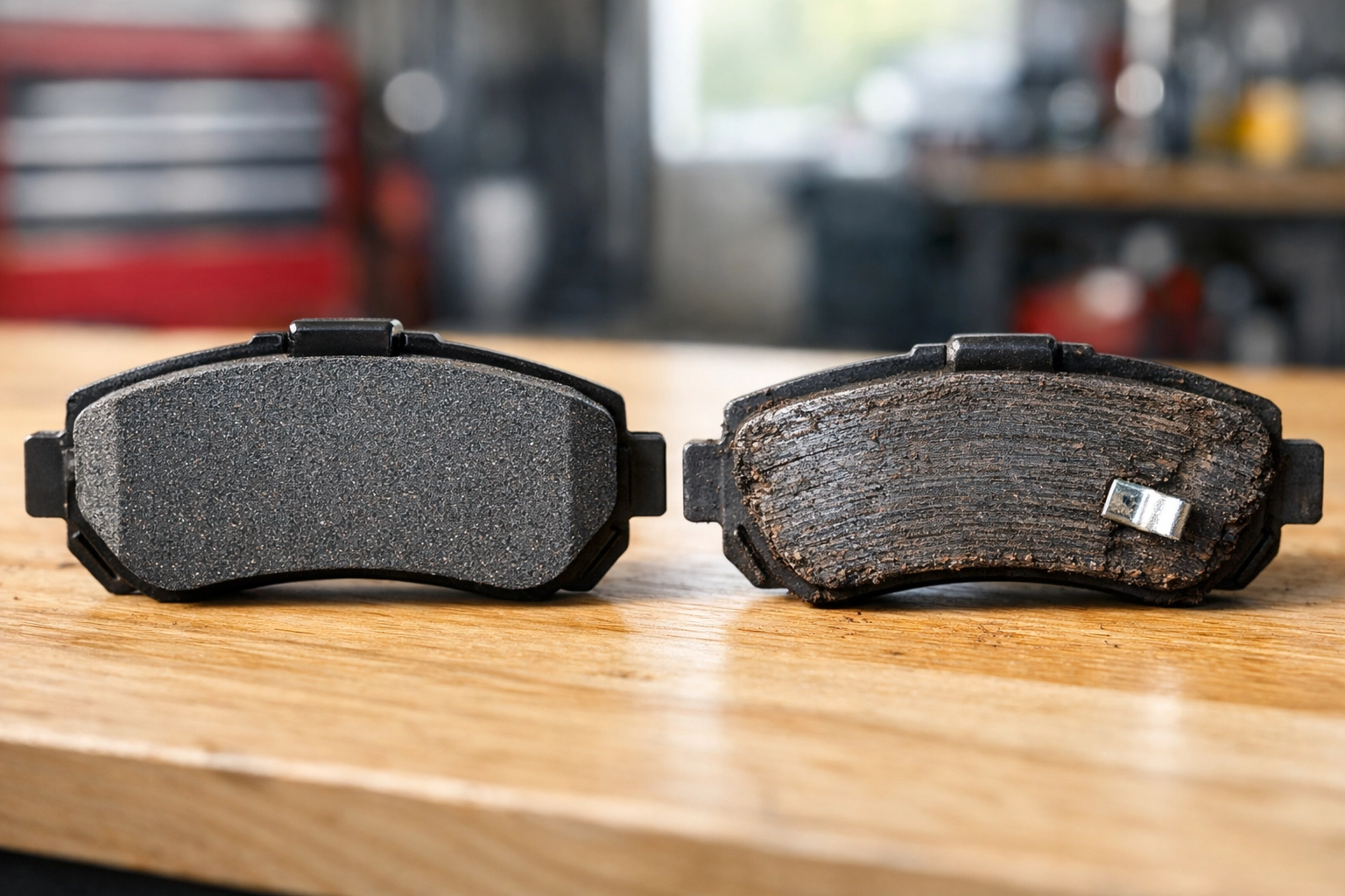 Comparison of a new brake pad and a worn brake pad with a visible metal wear indicator.