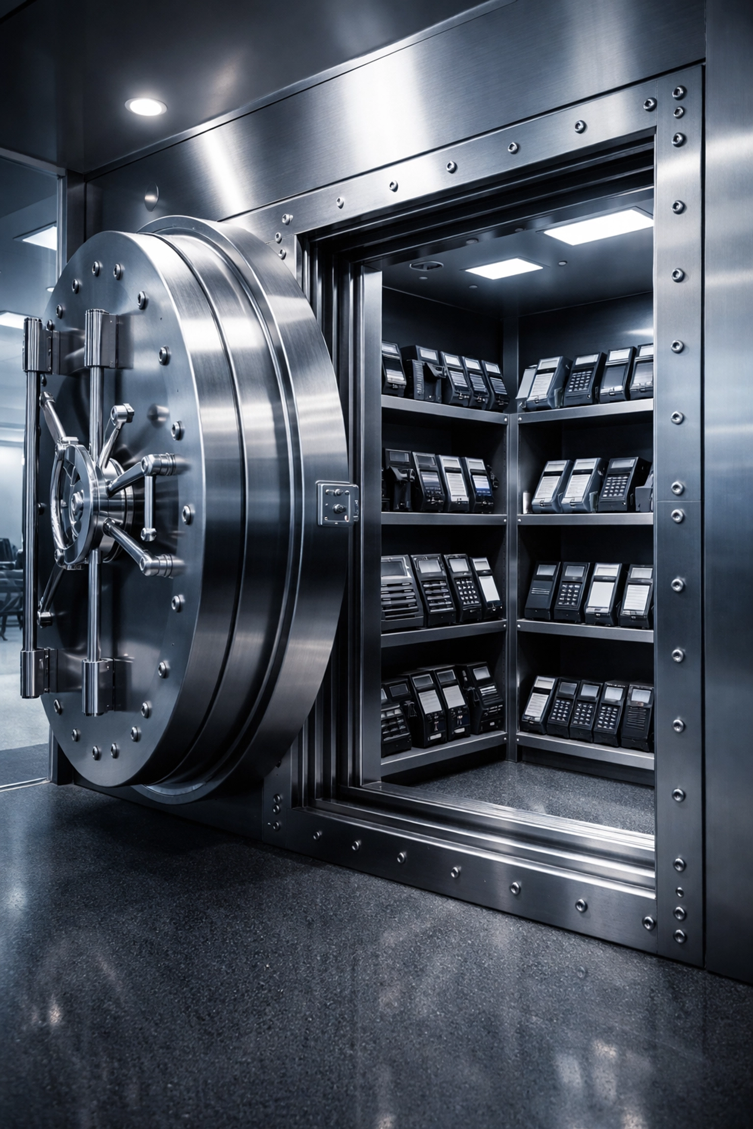 Open secure vault with payment terminals and equipment, representing secure high-risk merchant account solutions
