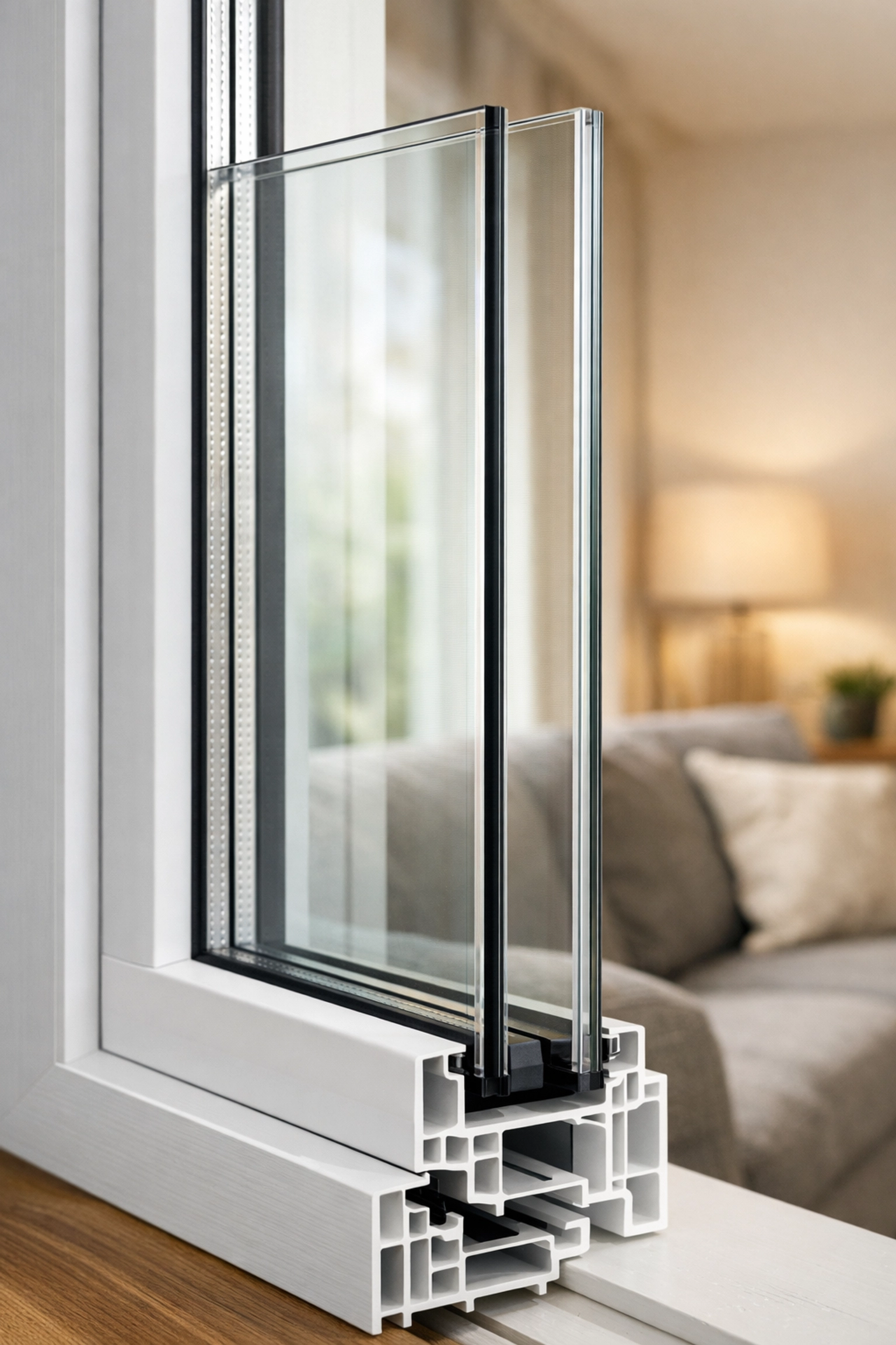 Secondary glazing cross-section showing air gap between original window and inner pane in modern living room