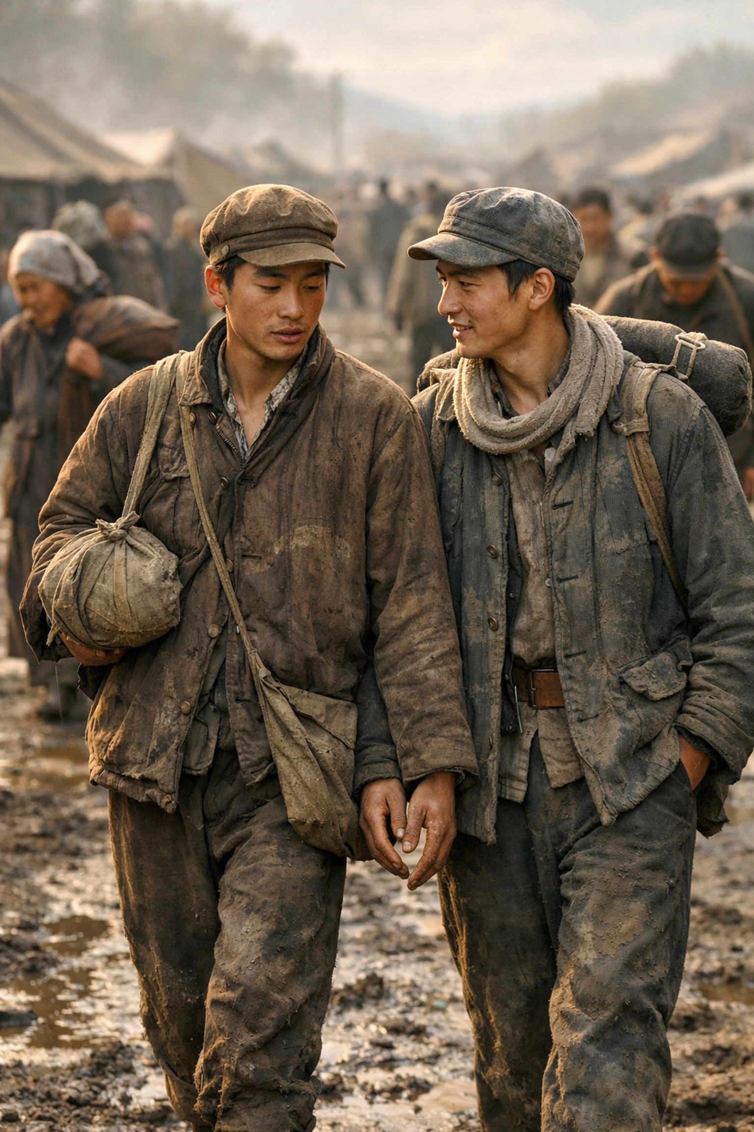 Gay male refugees walking together during WWII China displacement and Sino-Japanese War