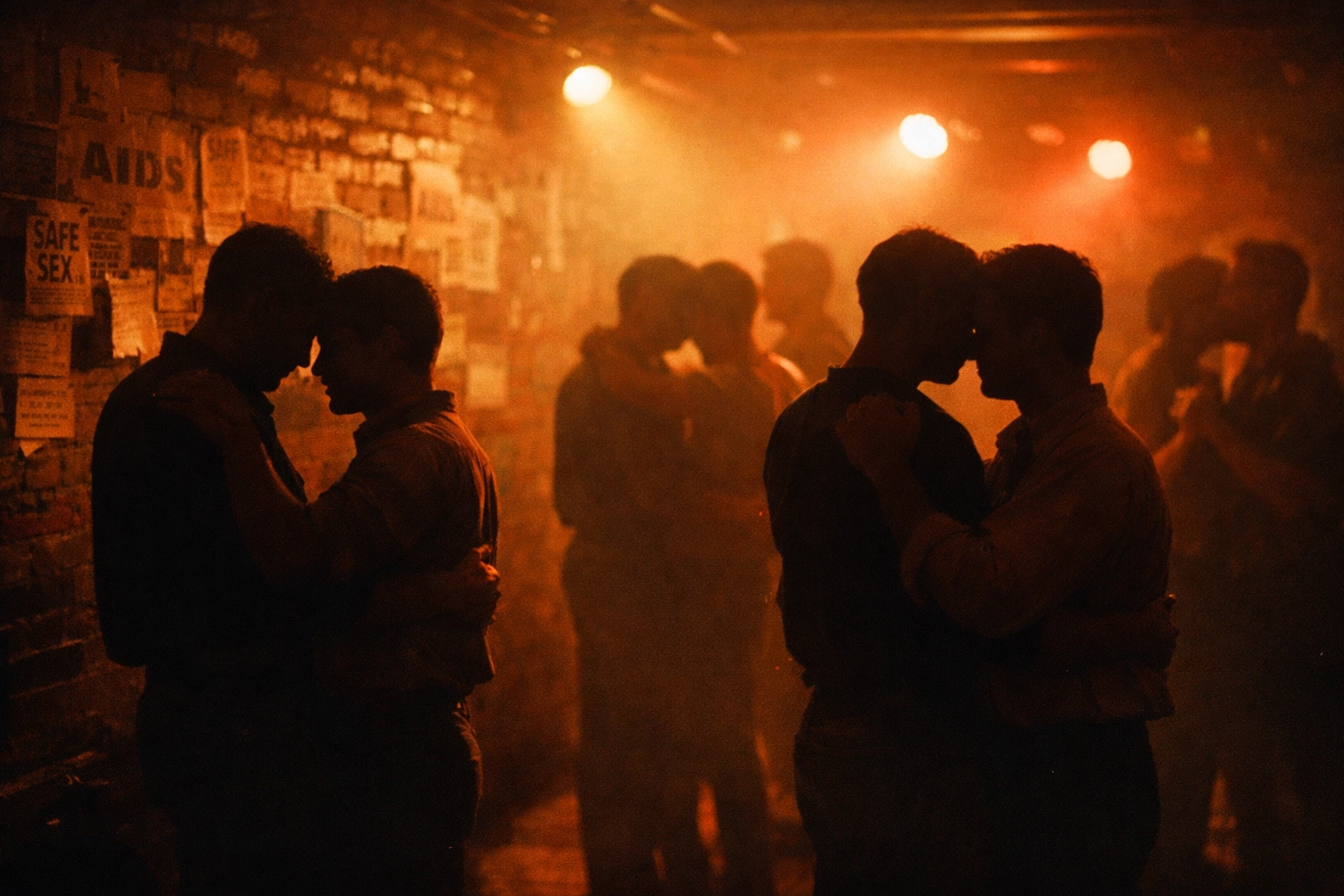 Gay couples slow dancing in NYC basement club during 1980s AIDS crisis era