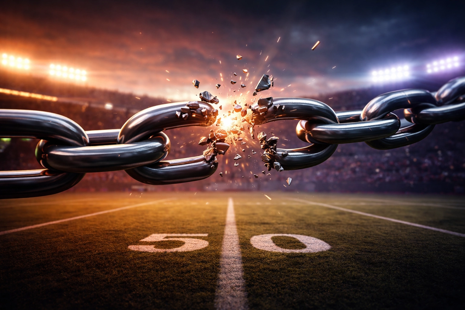 Broken chain link over a football field, symbolizing broken commitments and tampering in college football transfers.