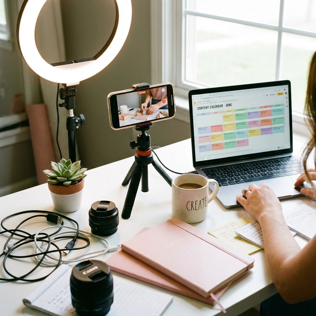 Productive content creator’s desk setup with camera, laptop, planner, and creative props for efficient batch content creation.