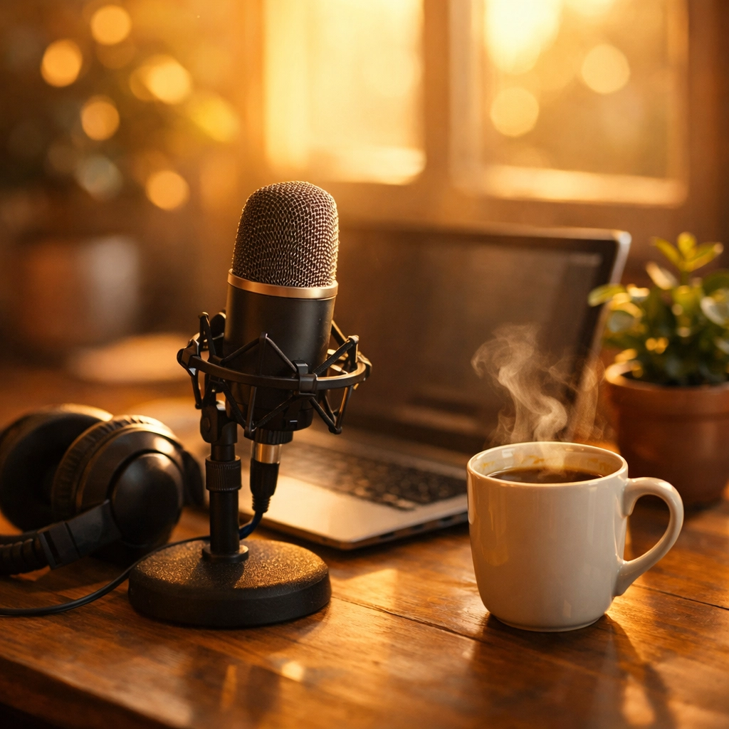 Simple home podcast setup with microphone for beginner Christian content creators