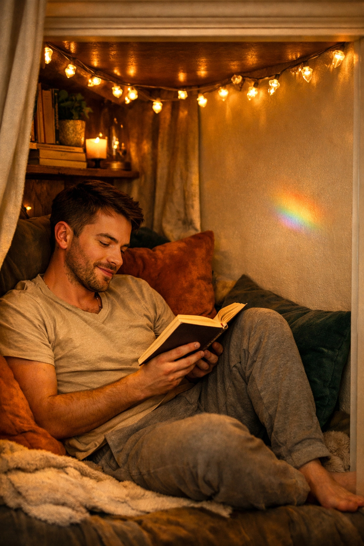 A gay man reads LGBTQ+ fiction inside a cozy DIY closet nook decorated with soft fairy lights.