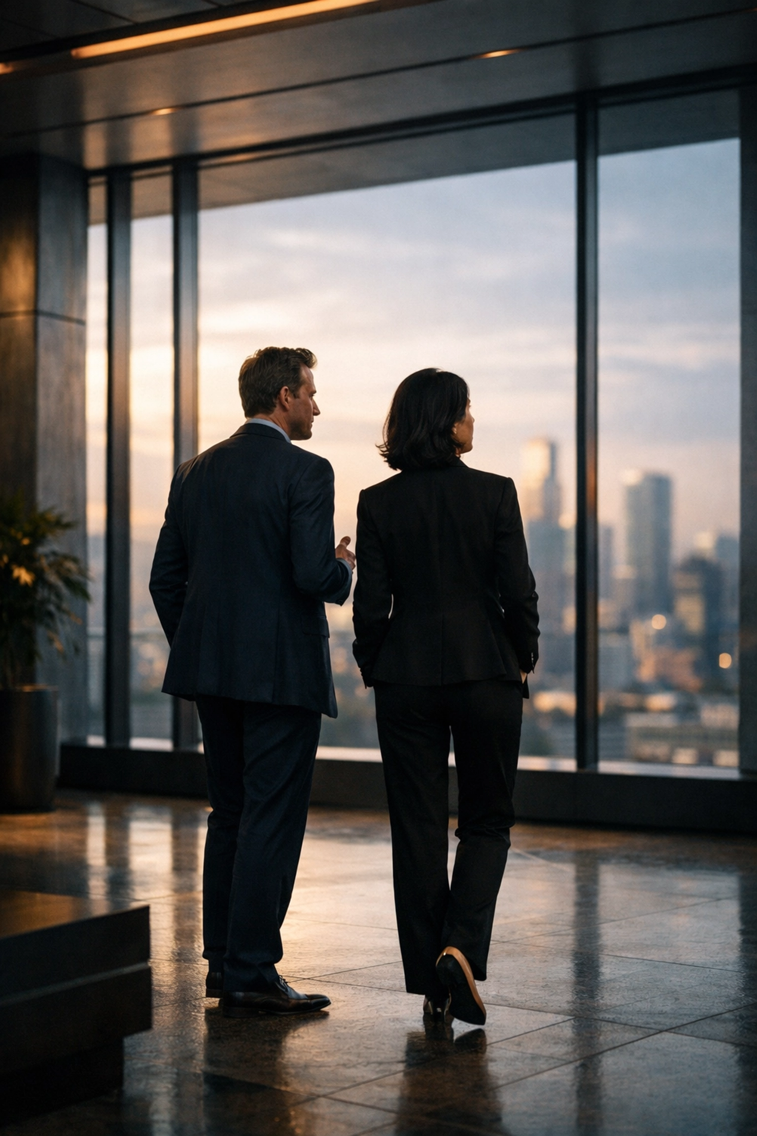 A B2B consultant and CEO discussing external brand resonance and GTM strategy in a modern office lobby.
