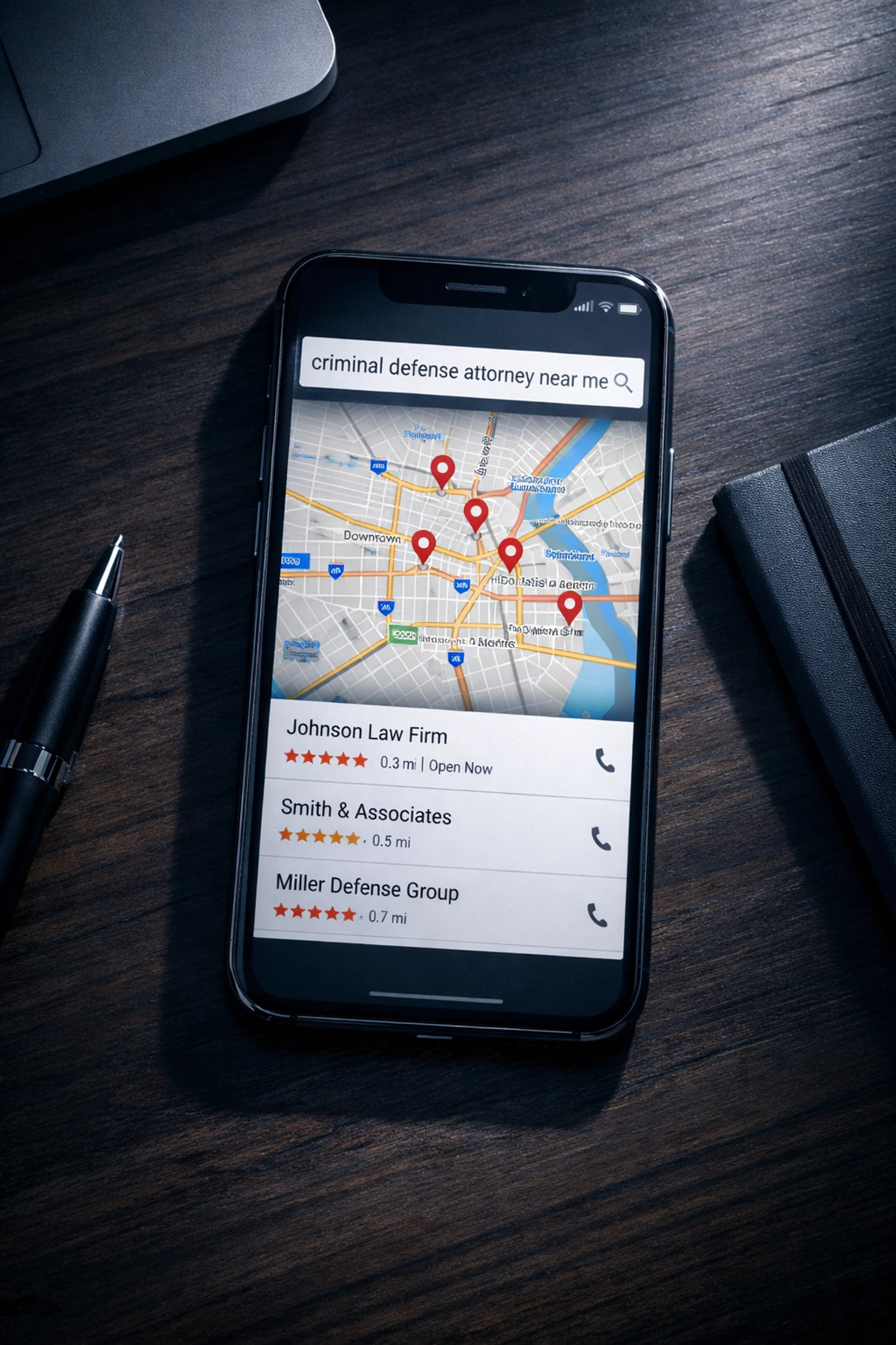 Google Maps search for criminal defense attorney near me on mobile device