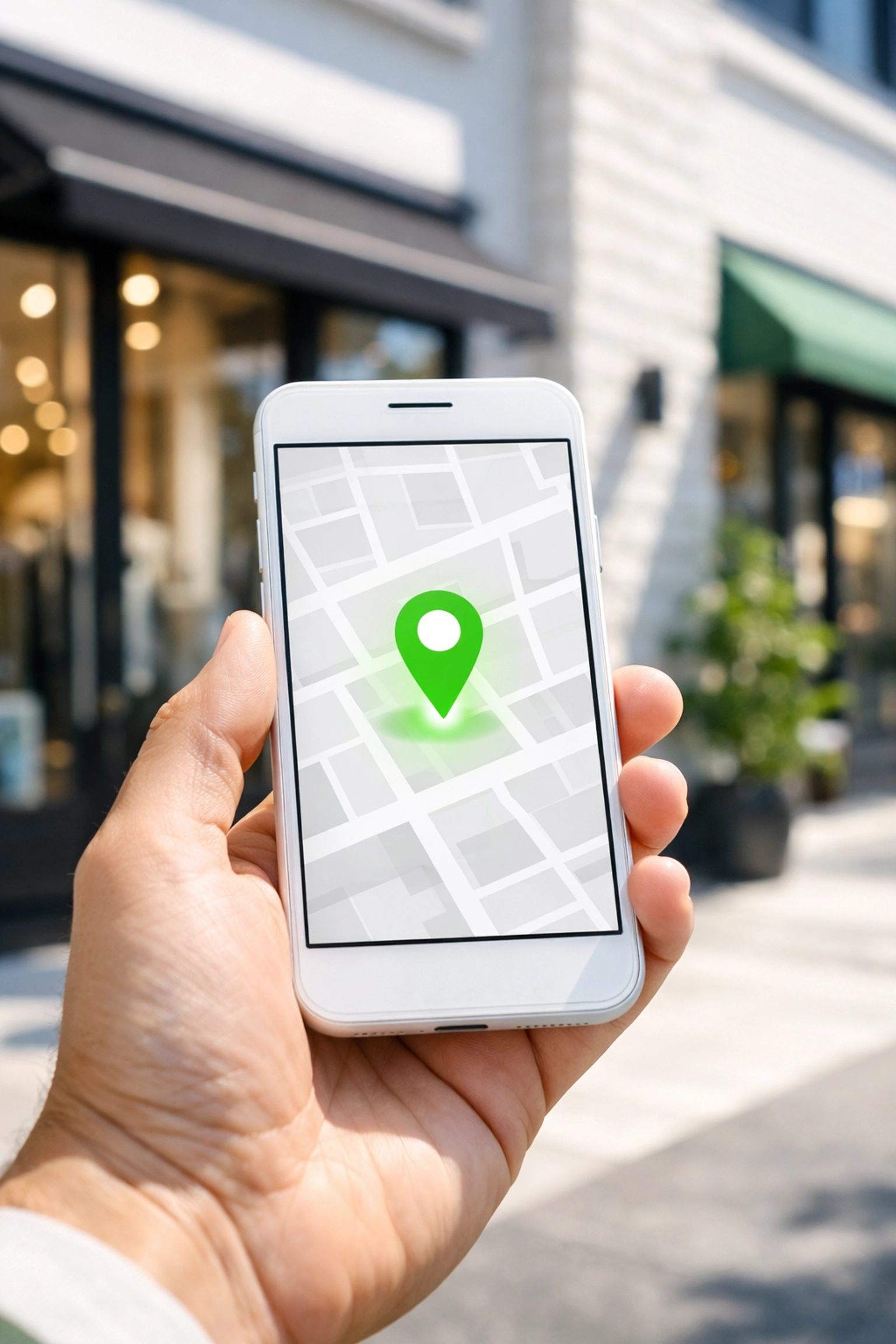 Smartphone displaying a local business location pin on a digital map to improve search visibility and local SEO.