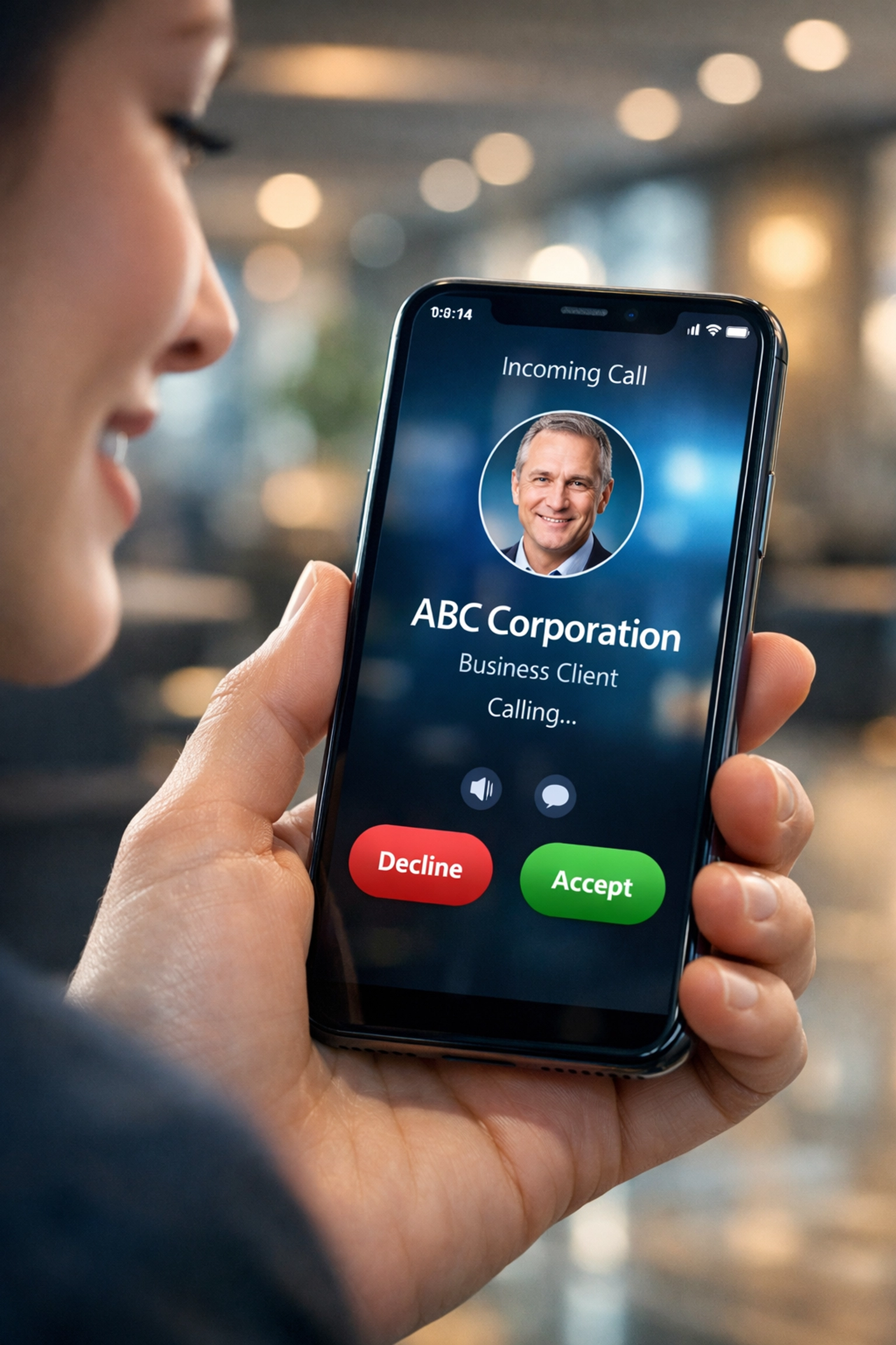Professional answering incoming business call on smartphone in office lobby