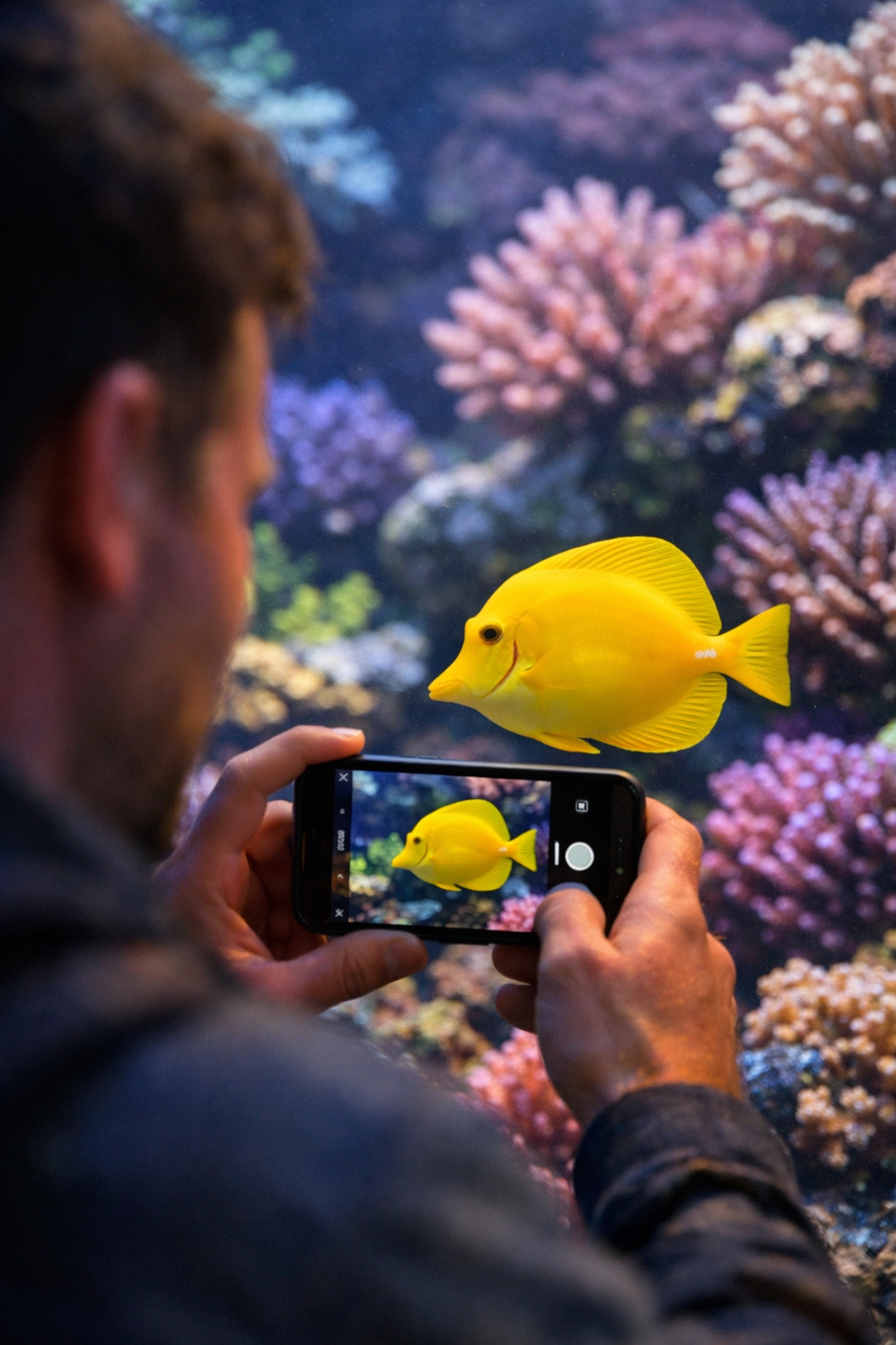 Aquarium visitor taking a smartphone photo of a yellow tang fish, capturing user-generated content.