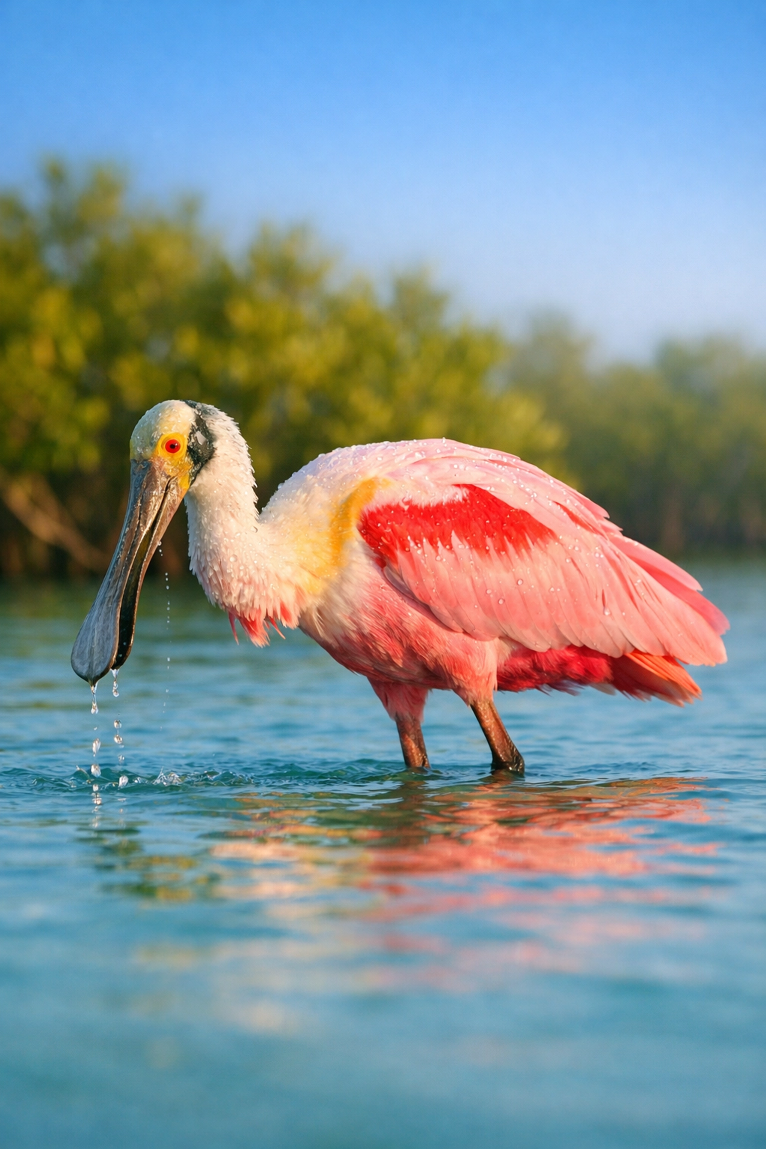 Roseate Spoonbill wading in Everglades National Park waters during a photography tour.