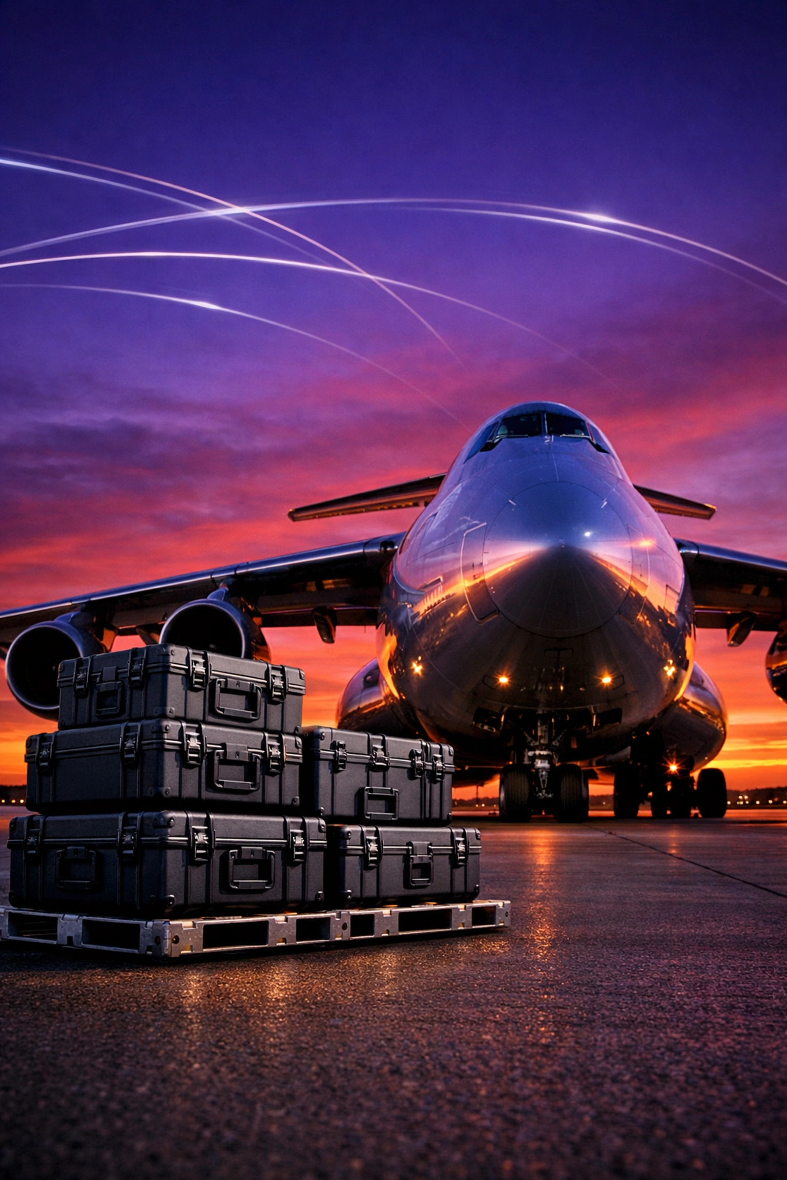 International air freight cargo plane loading sensitive tech equipment for global telecommunications deployments.