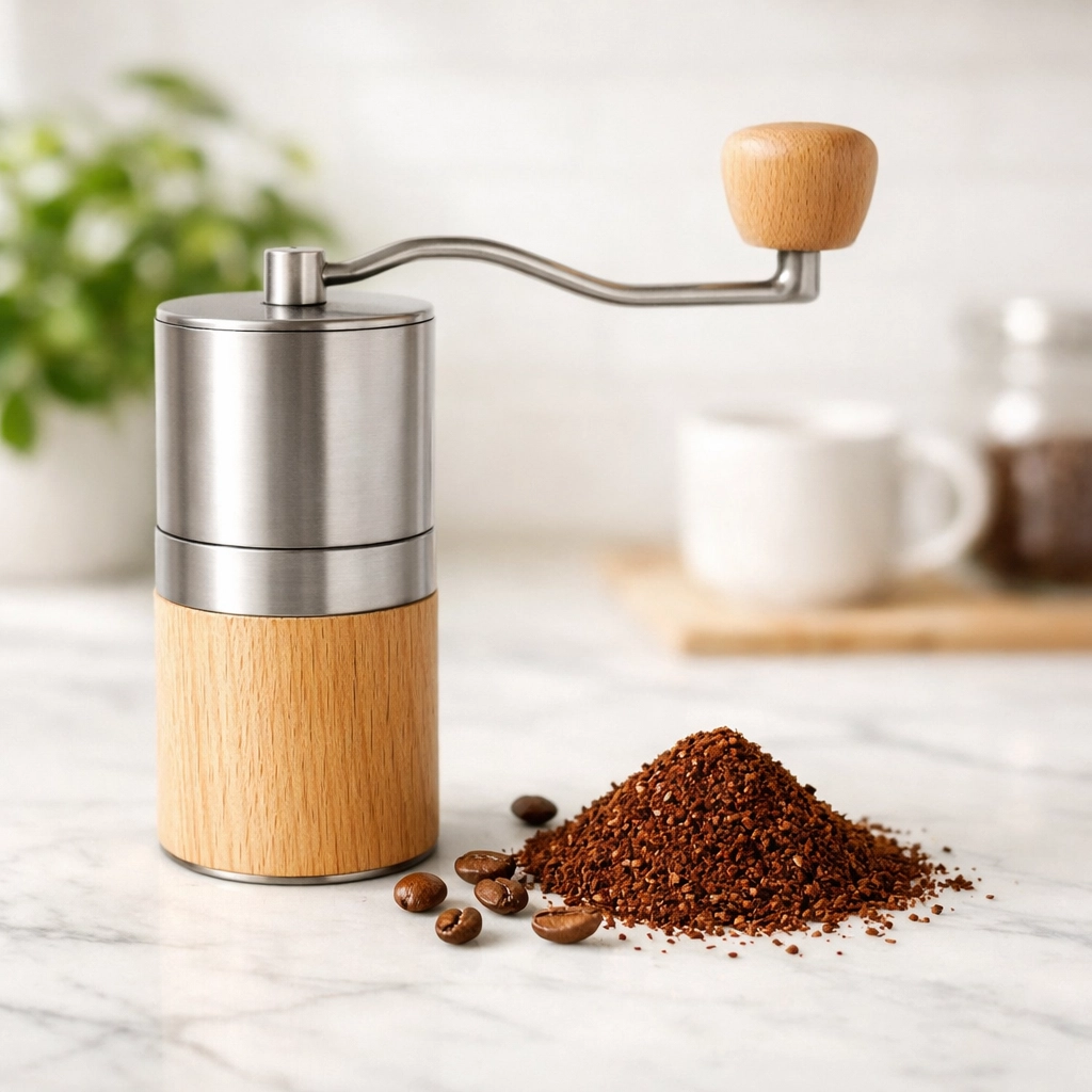A manual burr coffee grinder on a marble countertop with freshly ground coffee for home brewing.