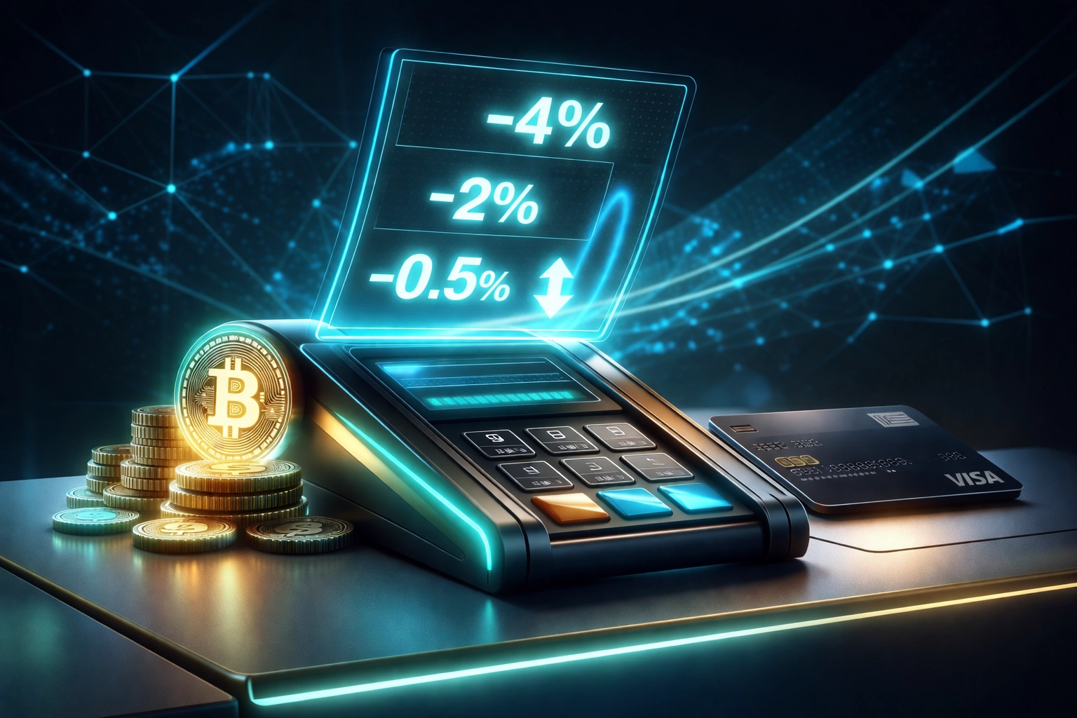 Modern crypto POS terminal showing how Larecoin reduces merchant interchange fees compared to traditional cards
