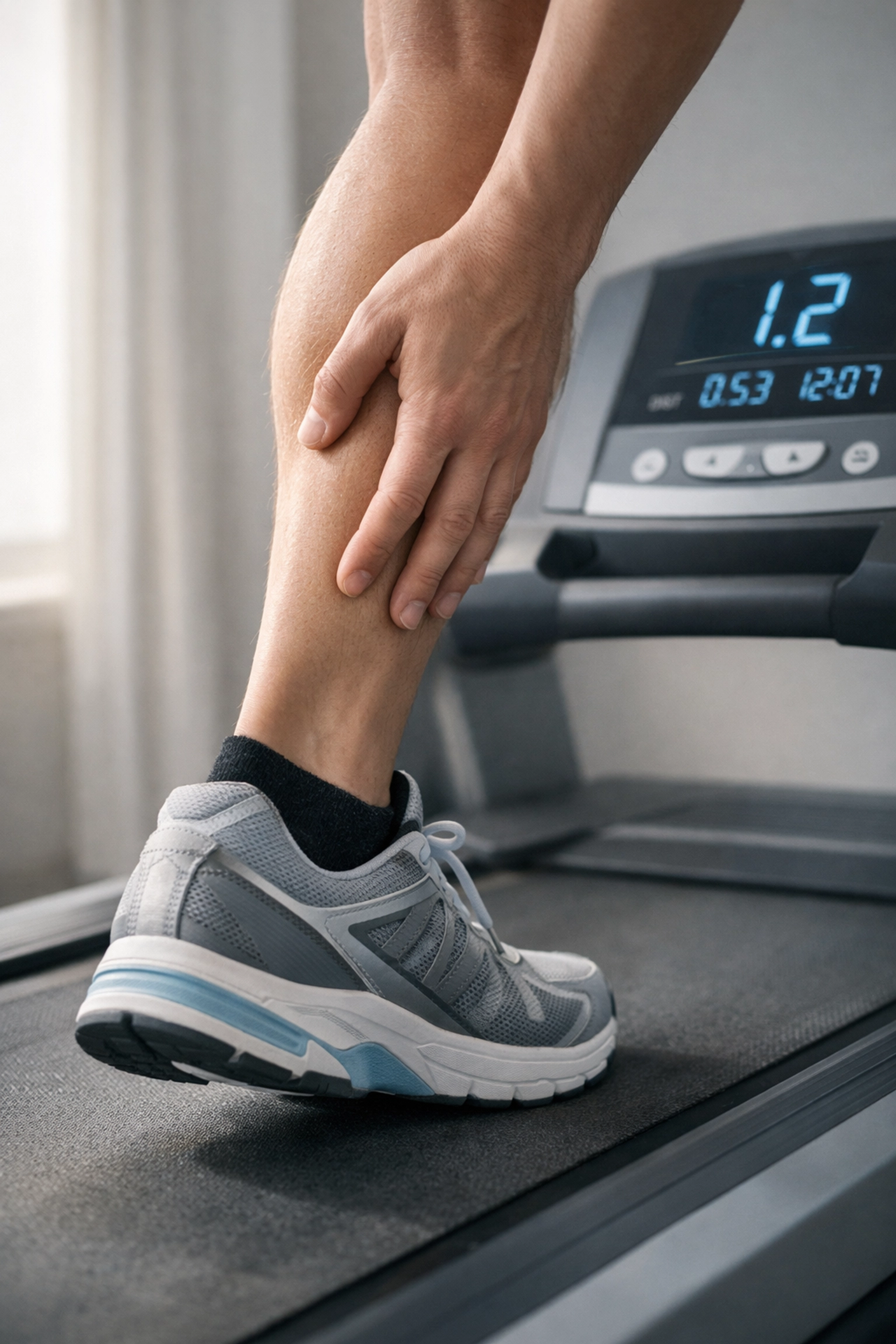 Athlete carefully progressing on treadmill during sports injury rehabilitation