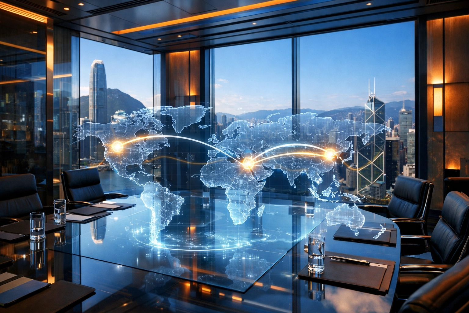 High-tech meeting room in Hong Kong featuring a global map for international meeting scheduling and coordination.