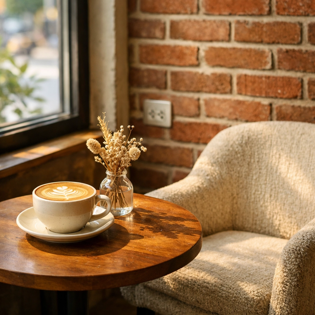 Cozy coffee shop seating area with a latte, perfect for remote workers and modern customers.