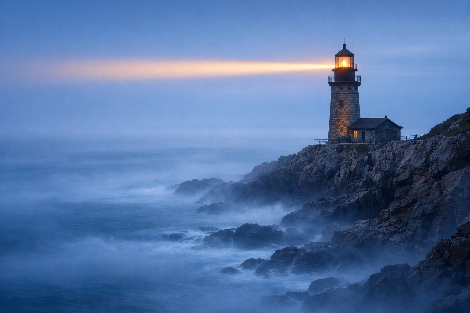 A stone lighthouse on a cliff casting a beam of light as a symbol of hope and stability.