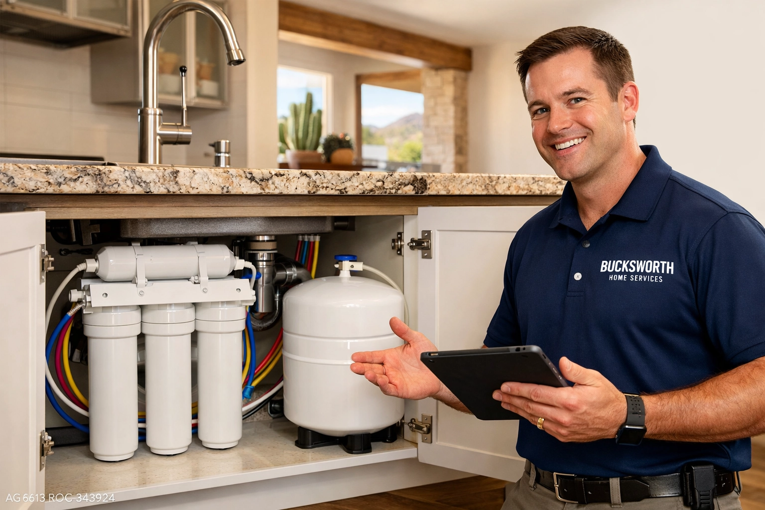Bucksworth Home Services technician explaining a reverse osmosis water filtration system in a Peoria, AZ home.