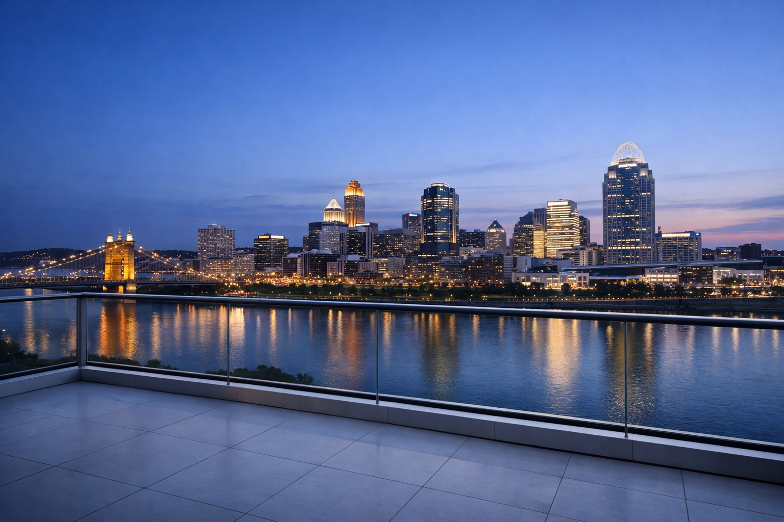 Modern balcony view of the Cincinnati skyline at dusk, representing urban growth and real estate opportunity.