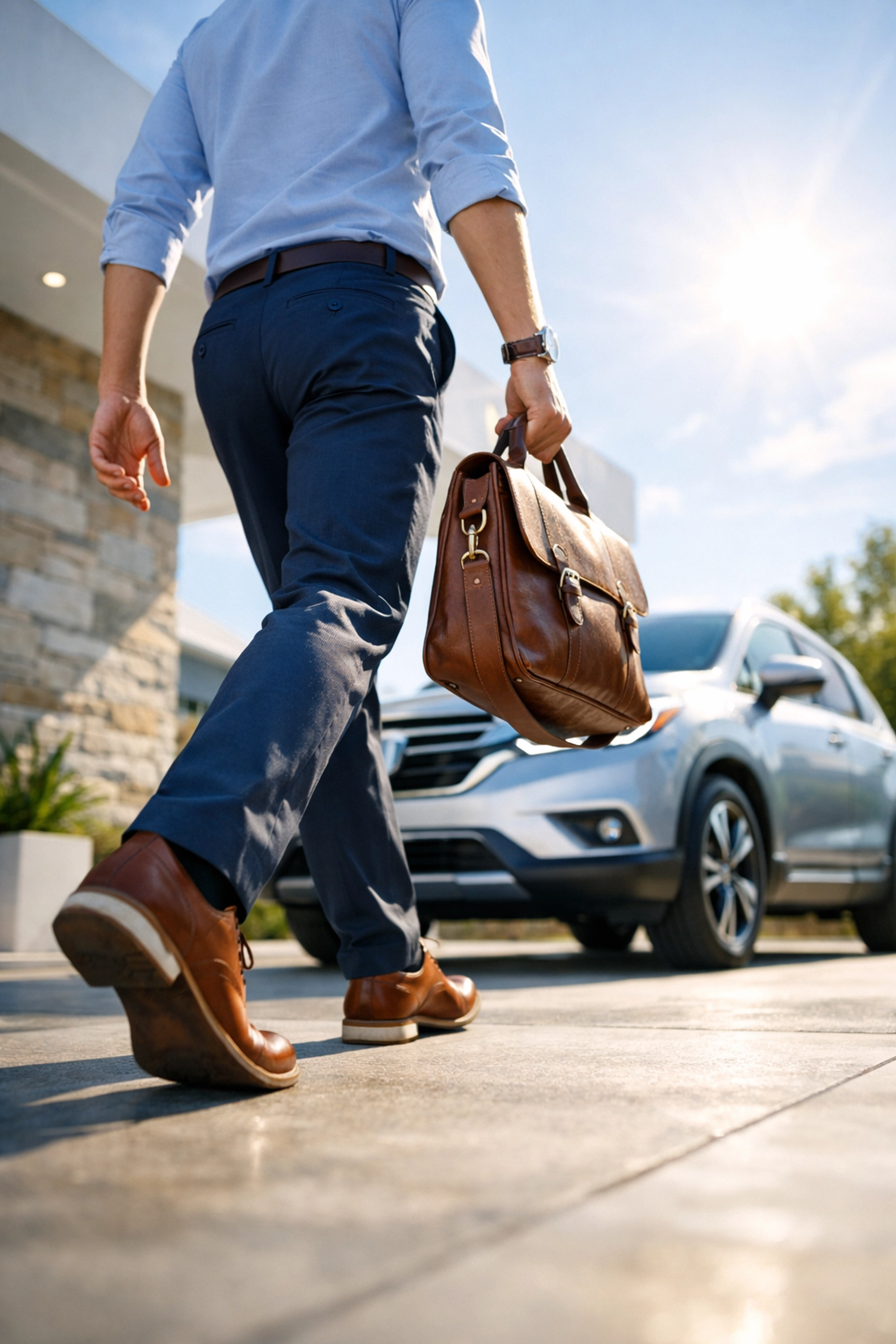 Person walking to their car after securing an emergency loan for repairs.