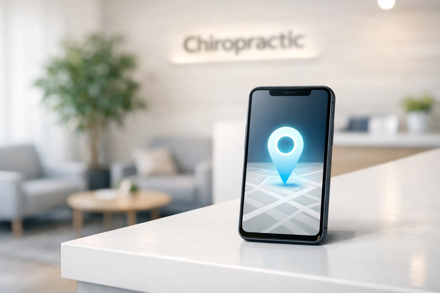 Smartphone displaying a map pin in a chiropractic office representing local search engine optimization.