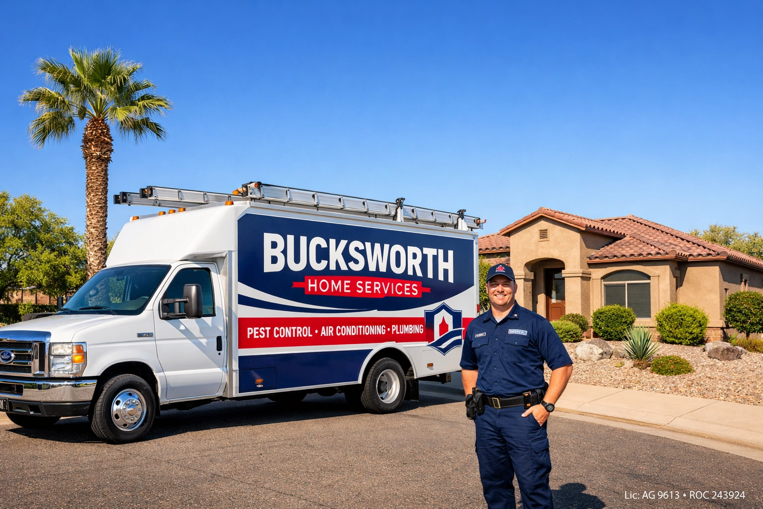 Bucksworth Home Services plumbing and HVAC truck parked in an Arrowhead Ranch neighborhood in Glendale, AZ.