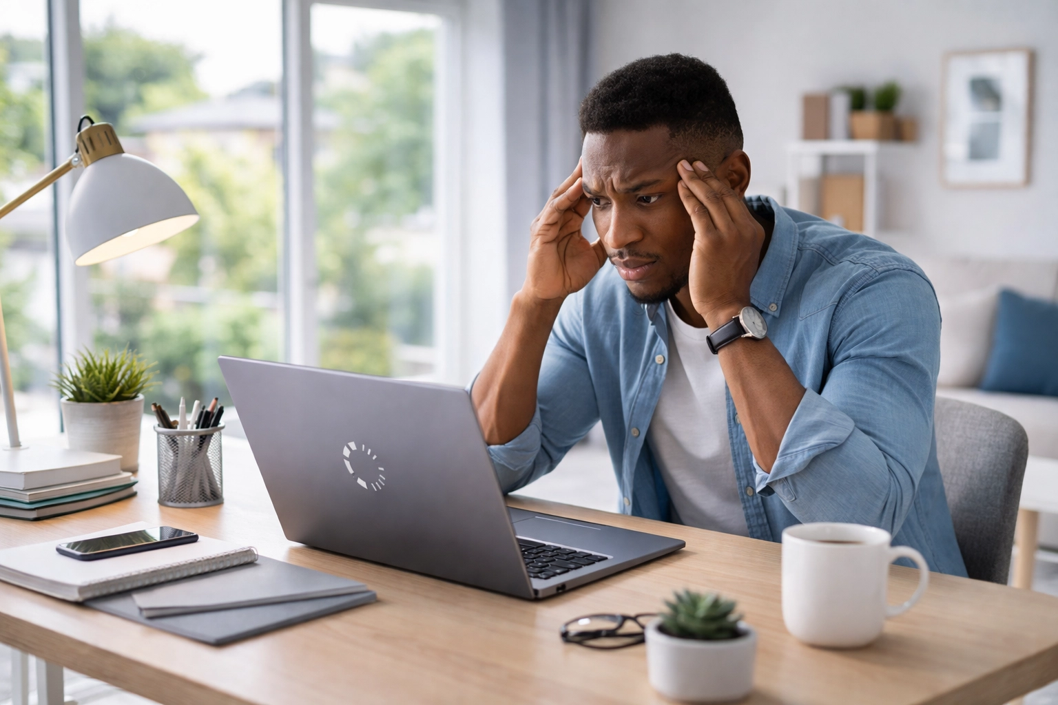 Young professional frustrated by slow WiFi at a home office in Brackenfell, Cape Town