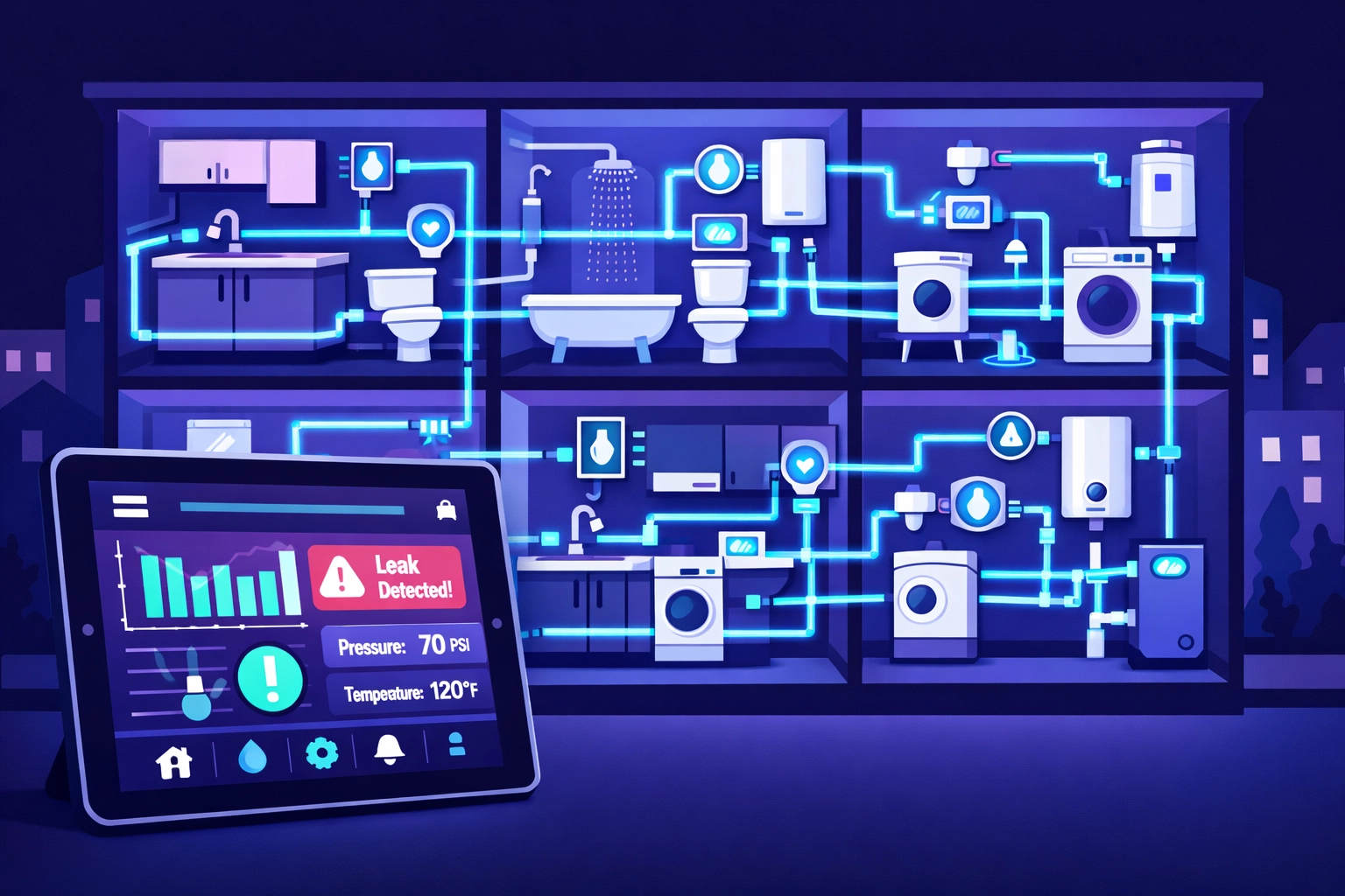 Smart plumbing monitoring system across apartment building units with digital dashboard