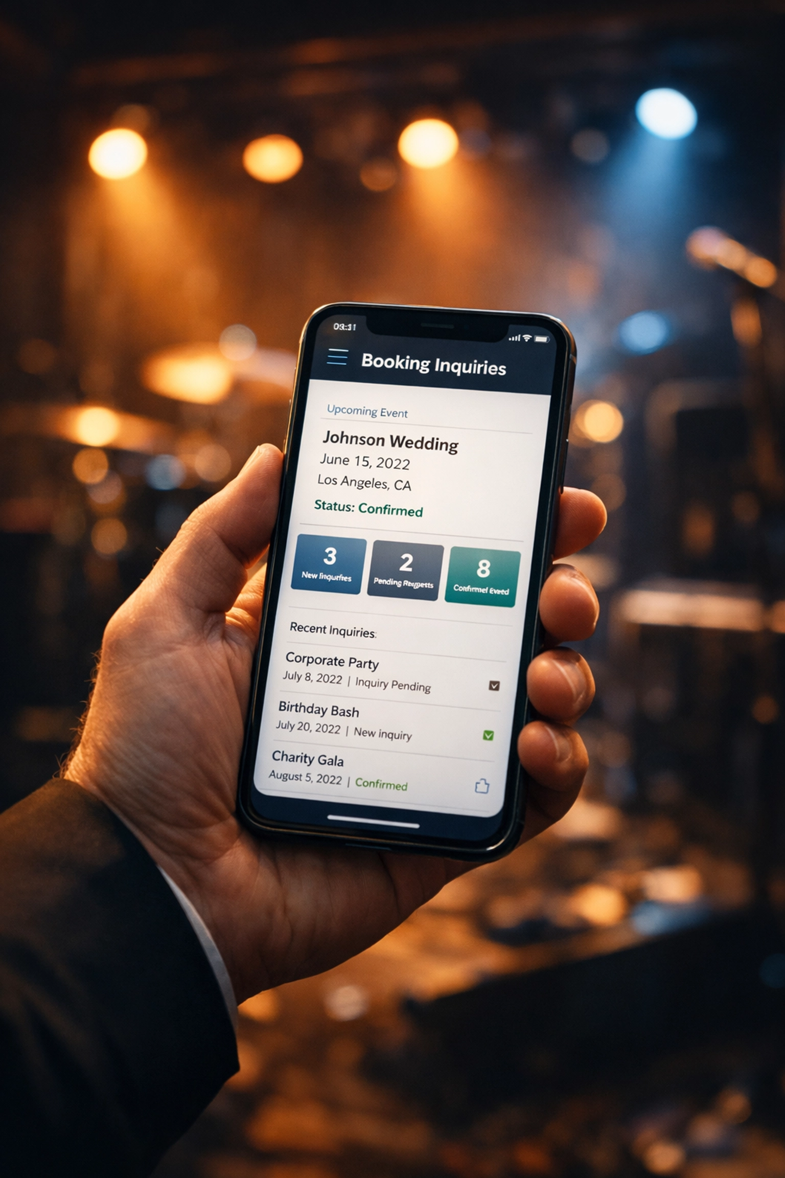 Bandleader checking wedding band inquiry on mobile booking app at live venue
