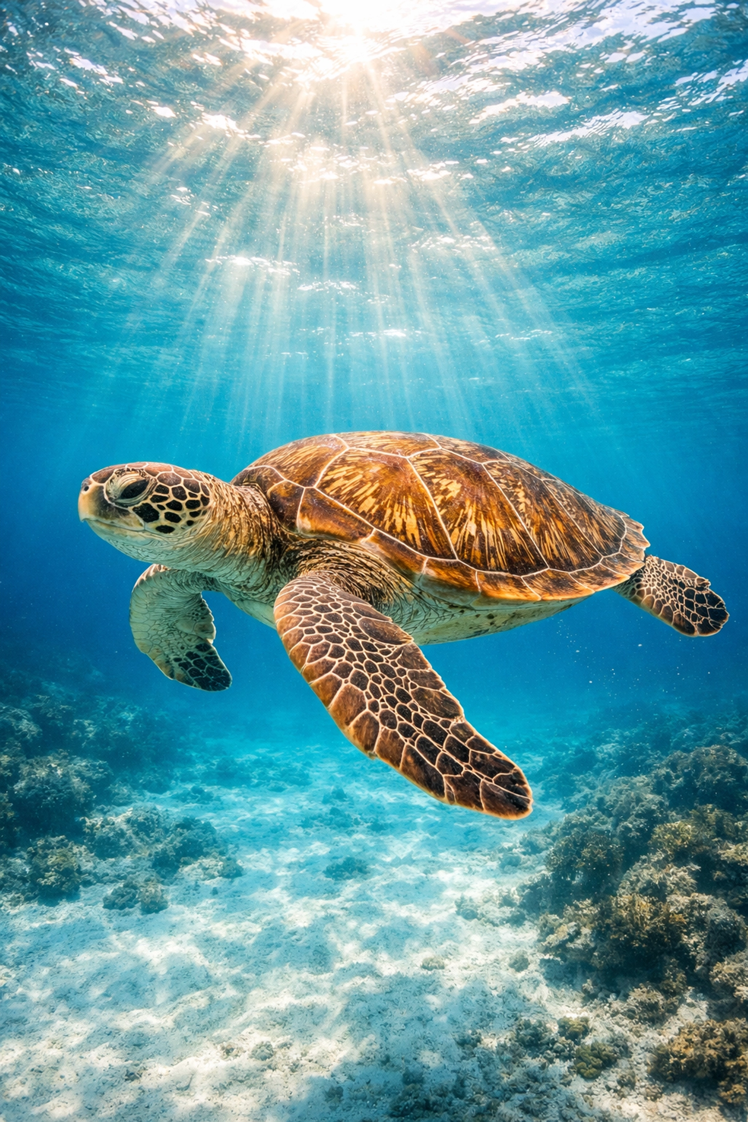 A Green Sea Turtle gliding through clear turquoise water, showcasing marine conservation and species recovery wins.