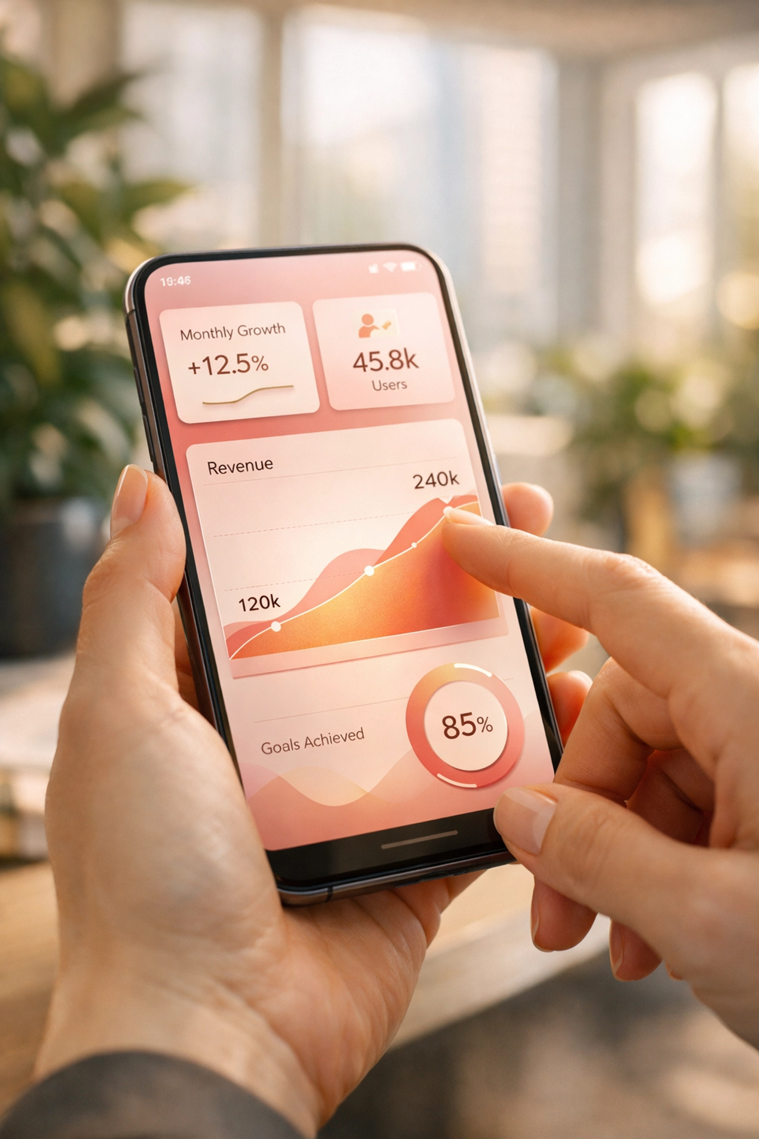 Close-up of a mobile dashboard tracking business growth metrics and automation tools.