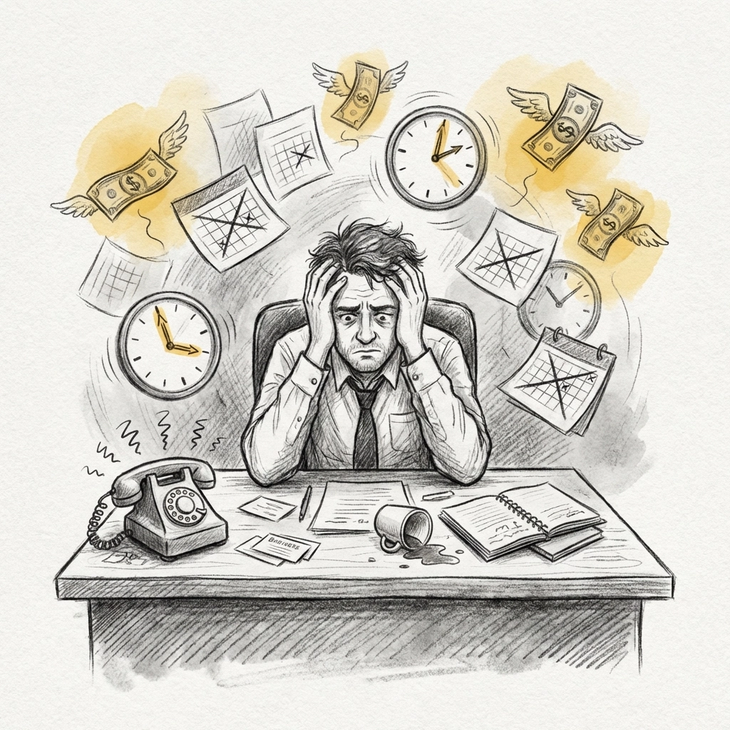 Stressed business owner overwhelmed by scheduling conflicts, missed appointments, and lost revenue