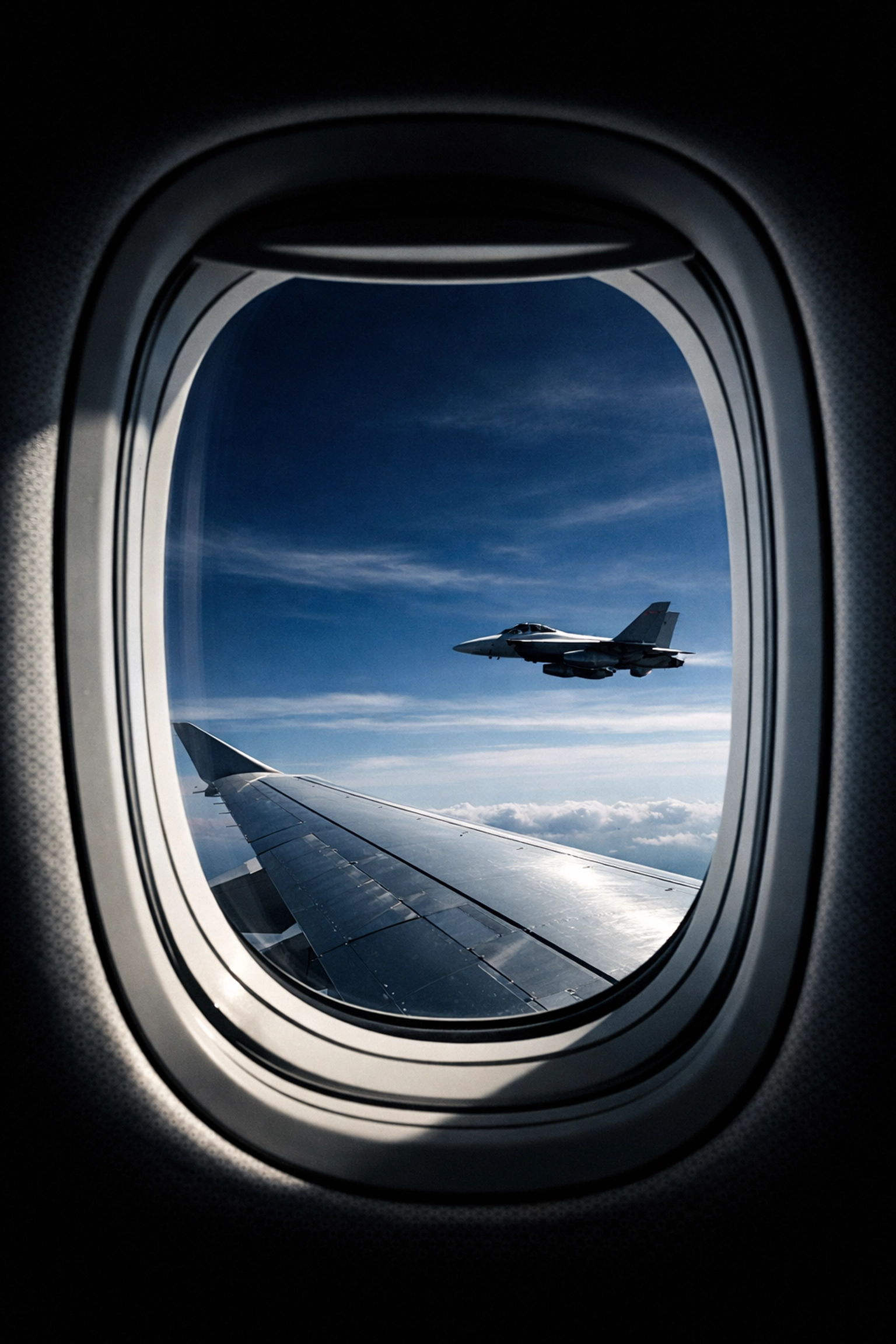 NORAD fighter jet escorting an Air Canada flight over the ocean.
