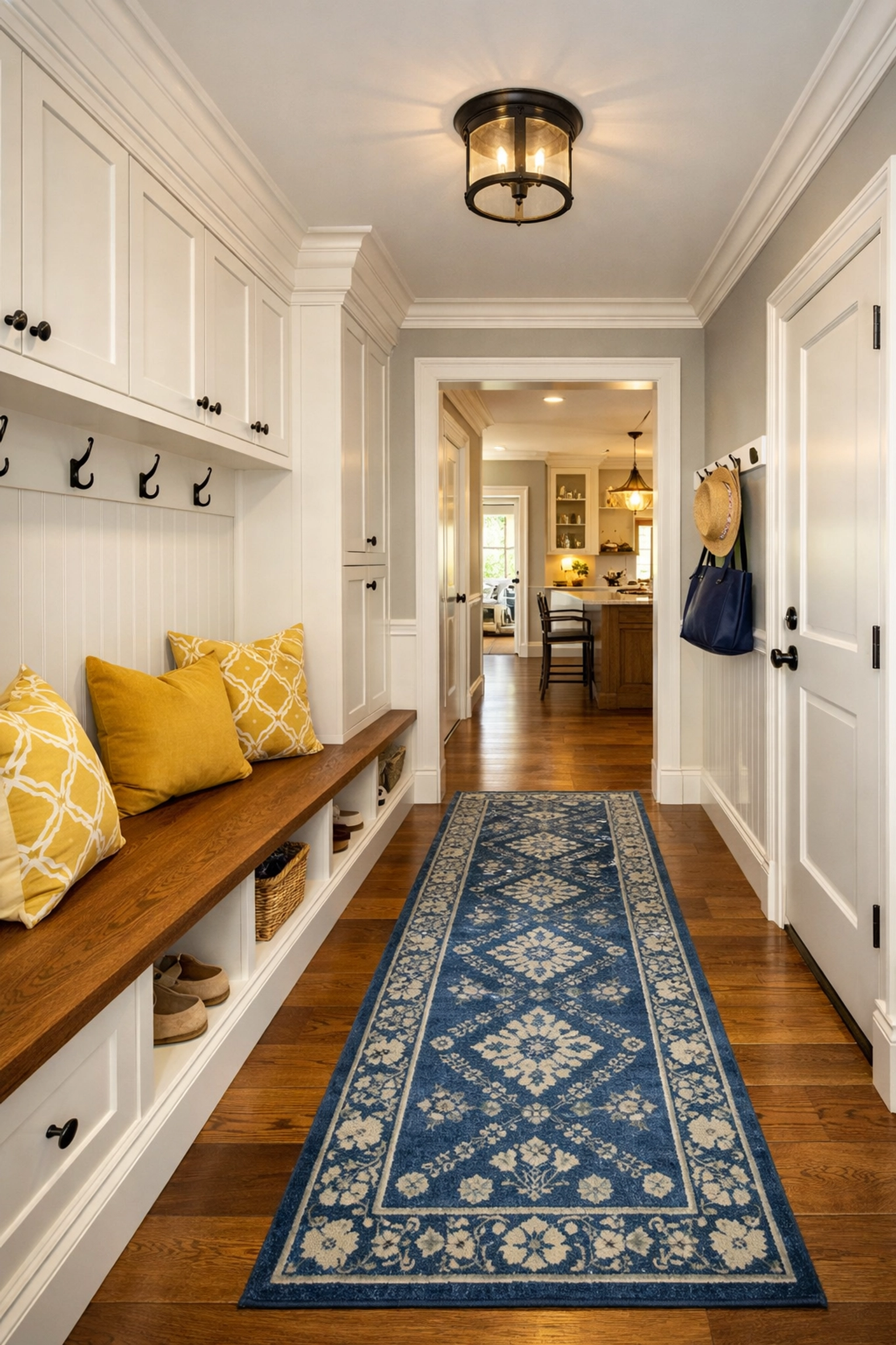 A bright luxury mudroom featuring spotless white baseboards and clean hardwood floors.