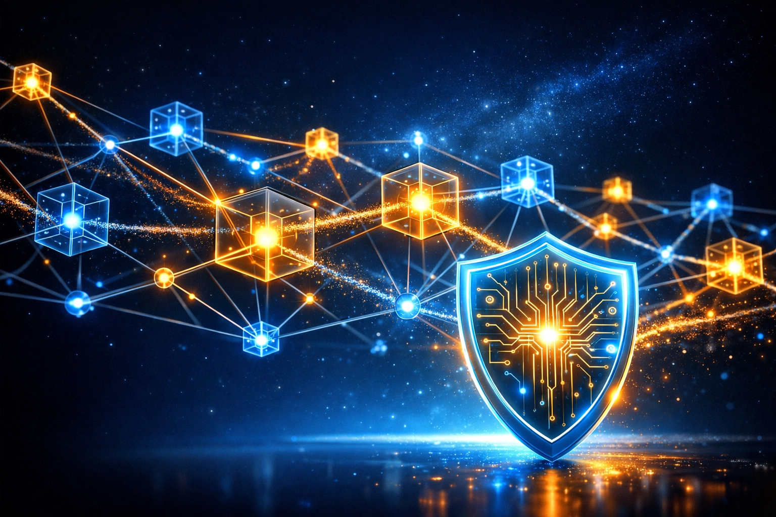 Decentralized blockchain network with security shield representing LareBlocks Layer 1 infrastructure