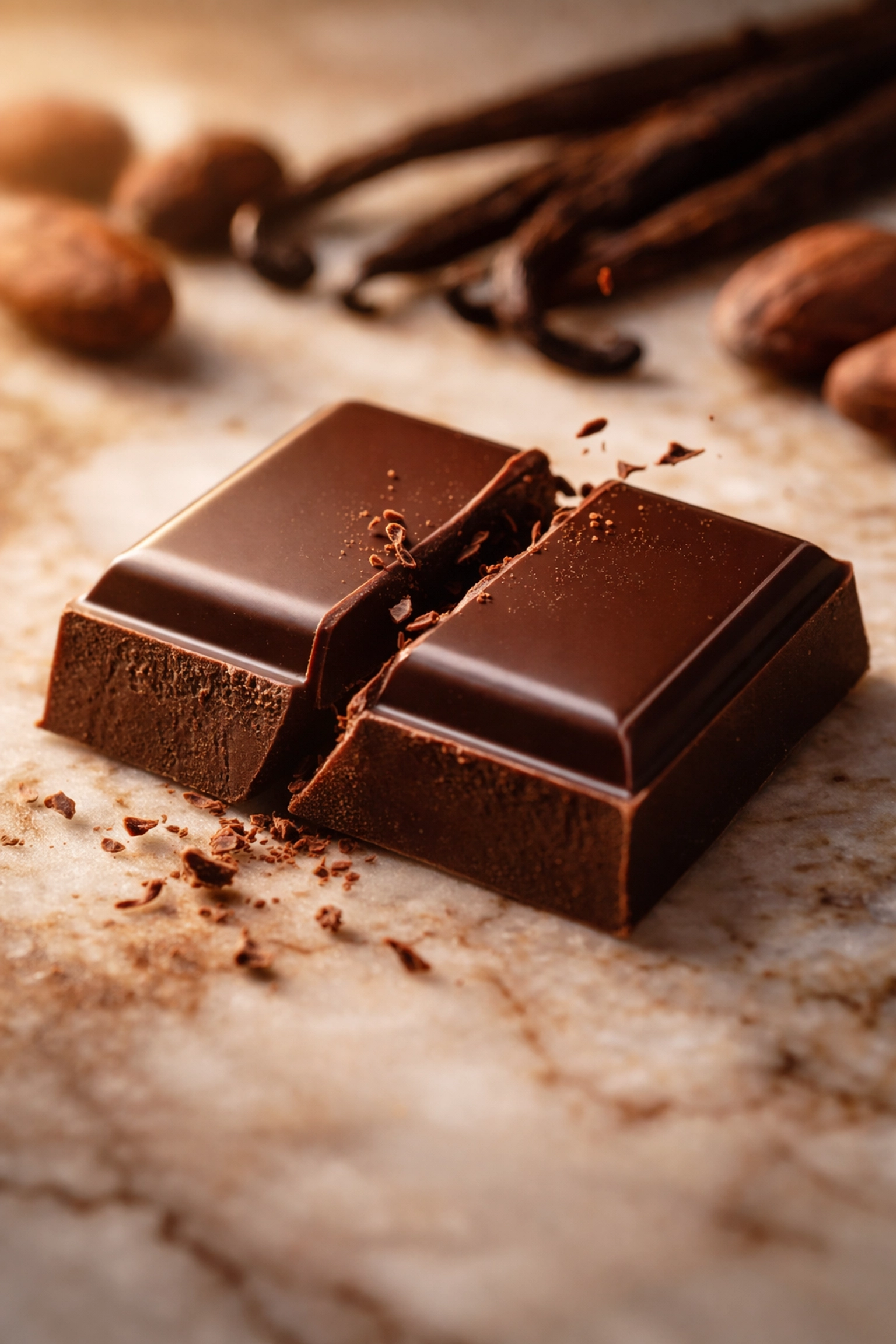 Close-up of a dark chocolate square breaking, revealing its smooth texture and quality cocoa ingredients.