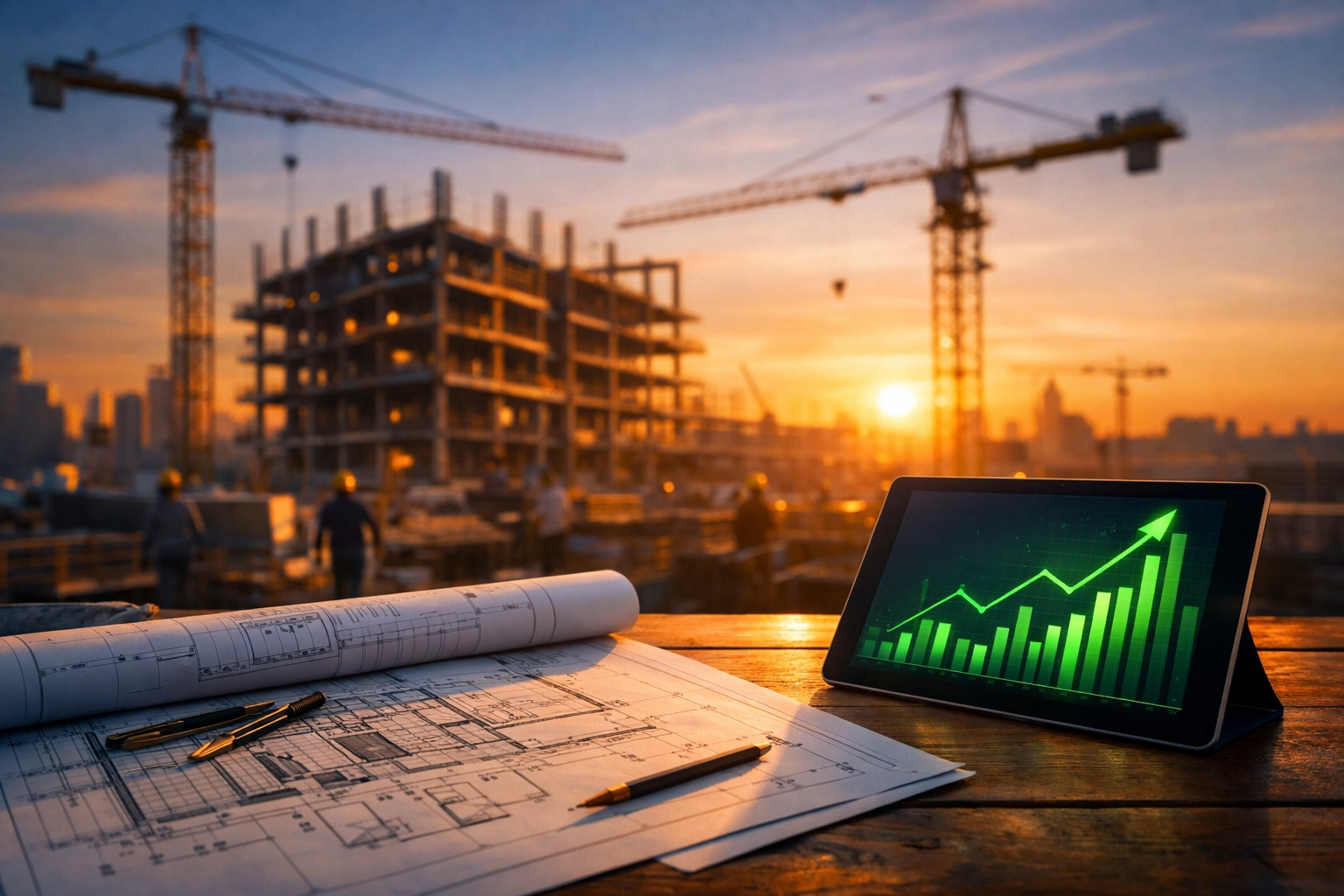 Construction site at sunrise with blueprints and growth charts for Gross Payment Status success.