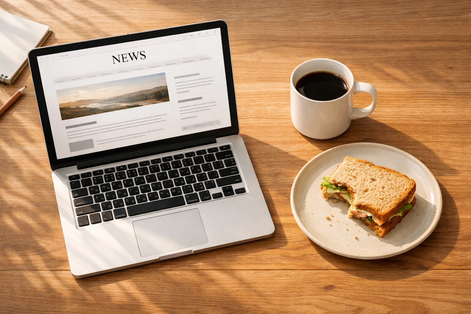 Laptop displaying calm Christian news during peaceful midday lunch break with coffee