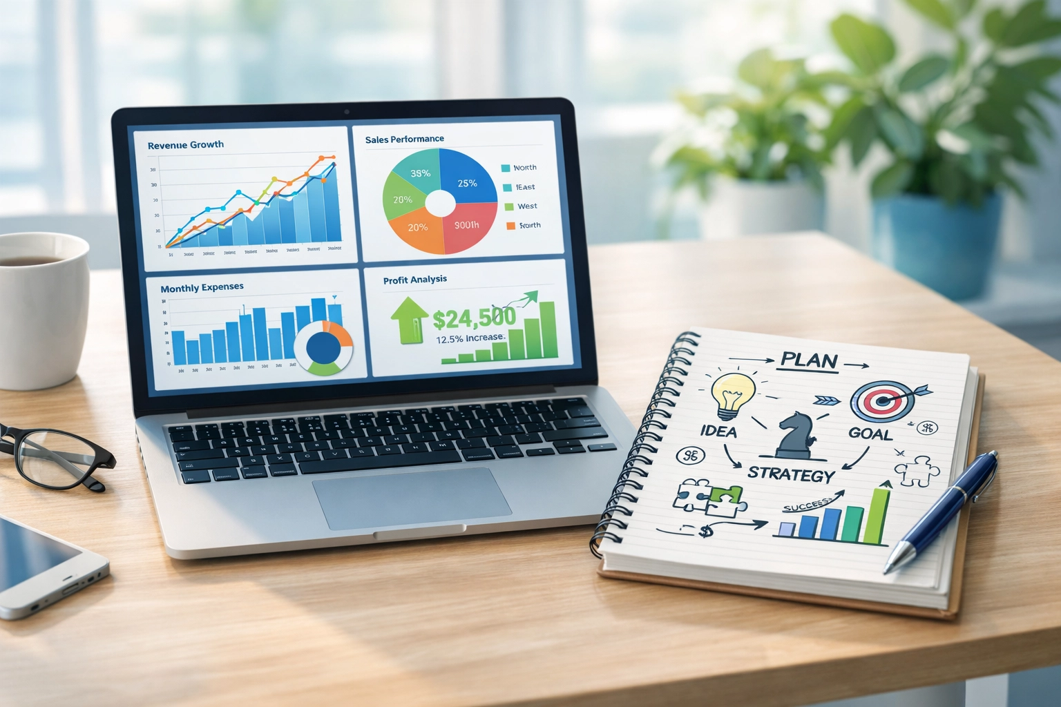 Professional workspace with laptop displaying financial dashboards for strategic business planning