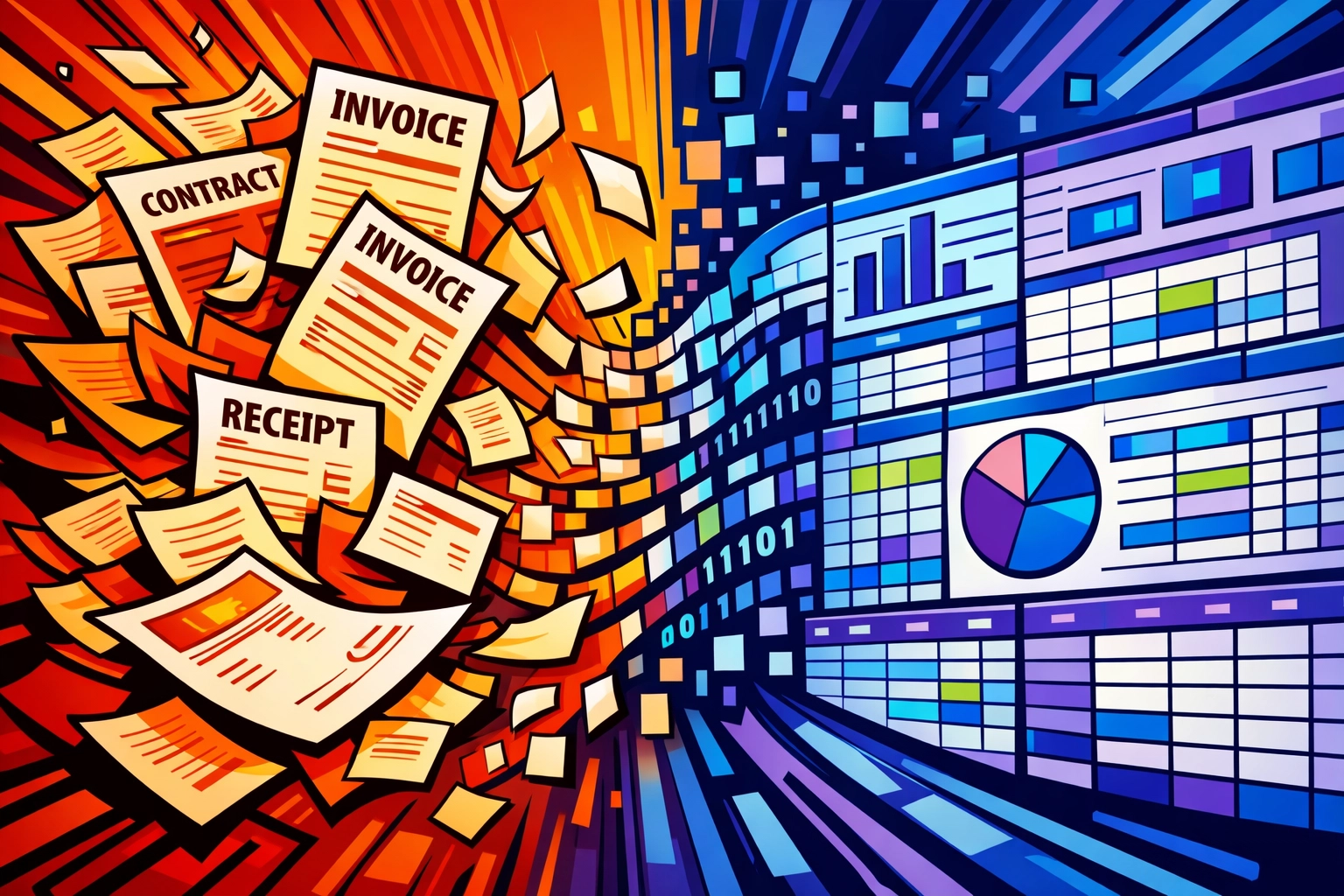 Business invoices and documents transforming into automated digital data with AI