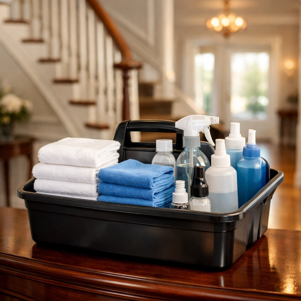 Professional house cleaning supplies ready for a reliable weekly maintenance visit in Lancaster, MA.