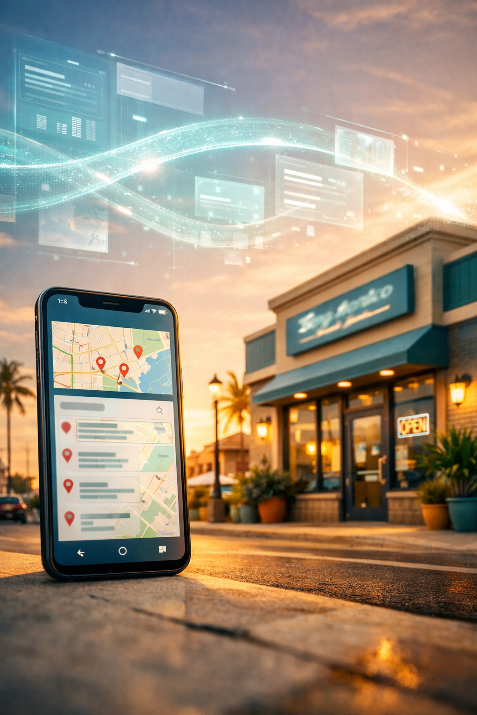 Venice FL storefront with a smartphone displaying AI search and local SEO map results.