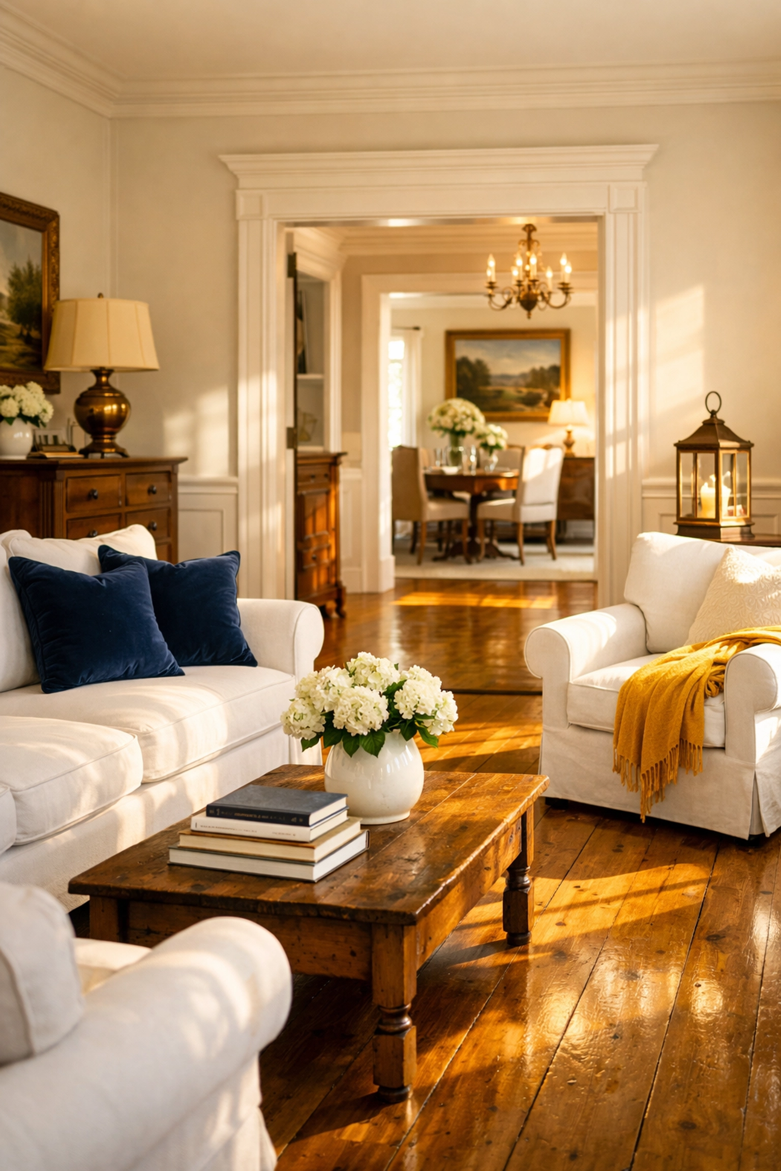 Sun-drenched historic Sudbury living room featuring spotless wide-plank floors and white furniture.