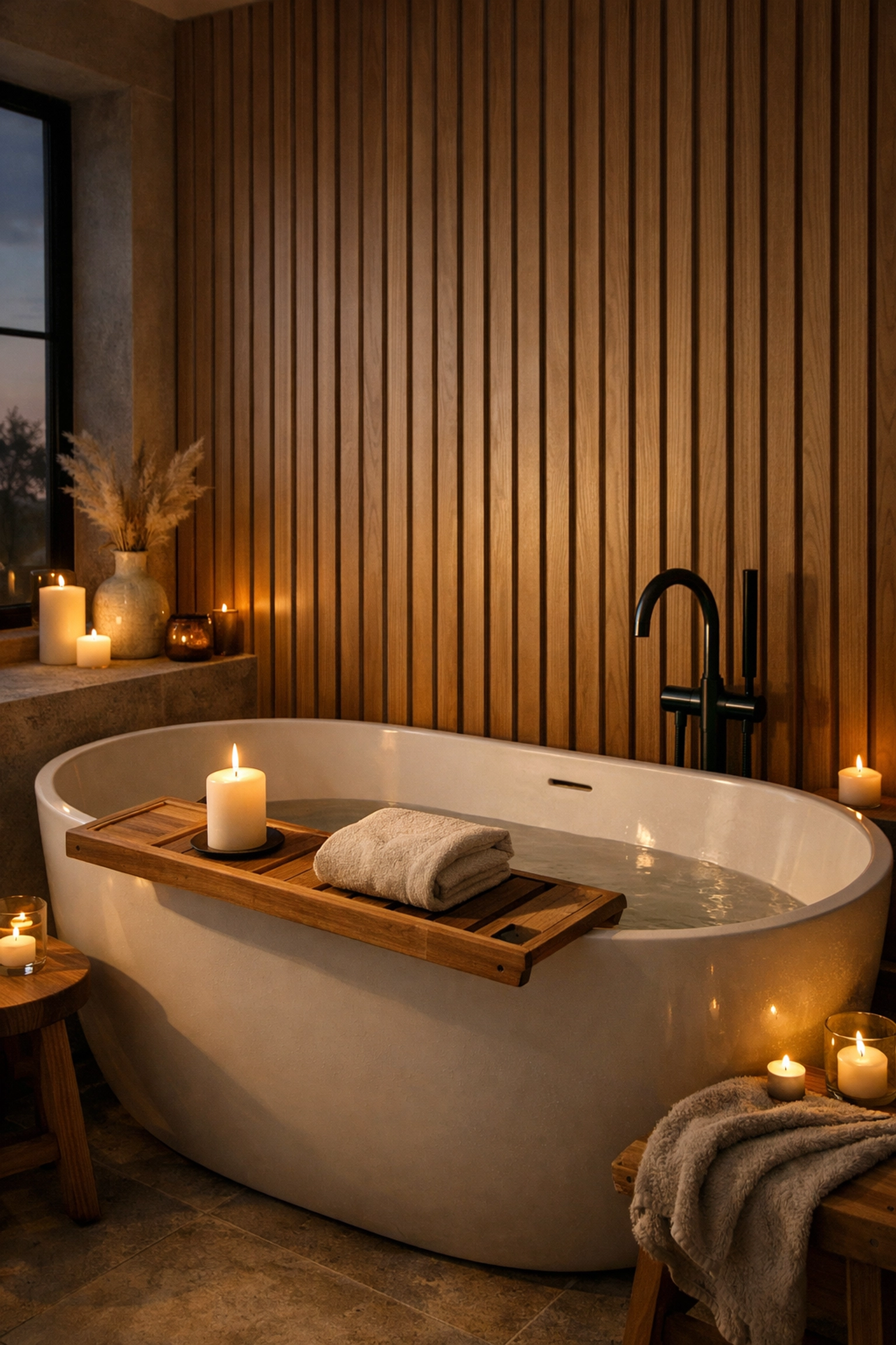 Modern soaking tub and wood accent wall highlighting a luxury bathroom renovation in Orlando.