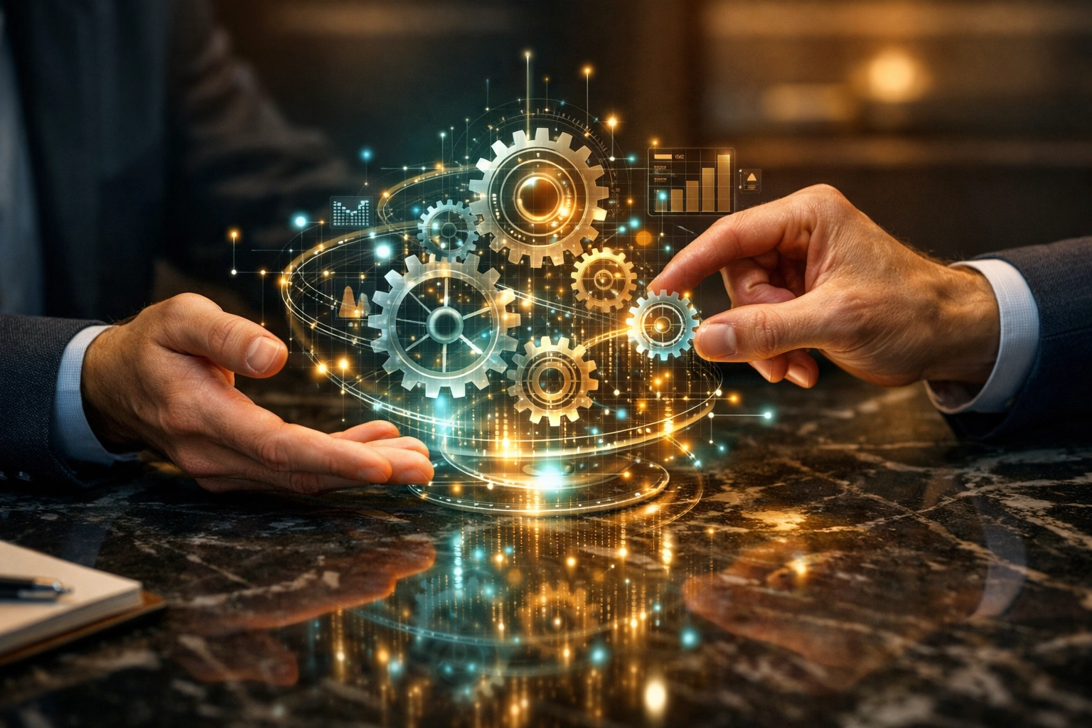 Hands of a founder and fractional COO collaborating on a holographic business growth engine model. Hands of a founder and fractional COO collaborating on a holographic business growth engine model.