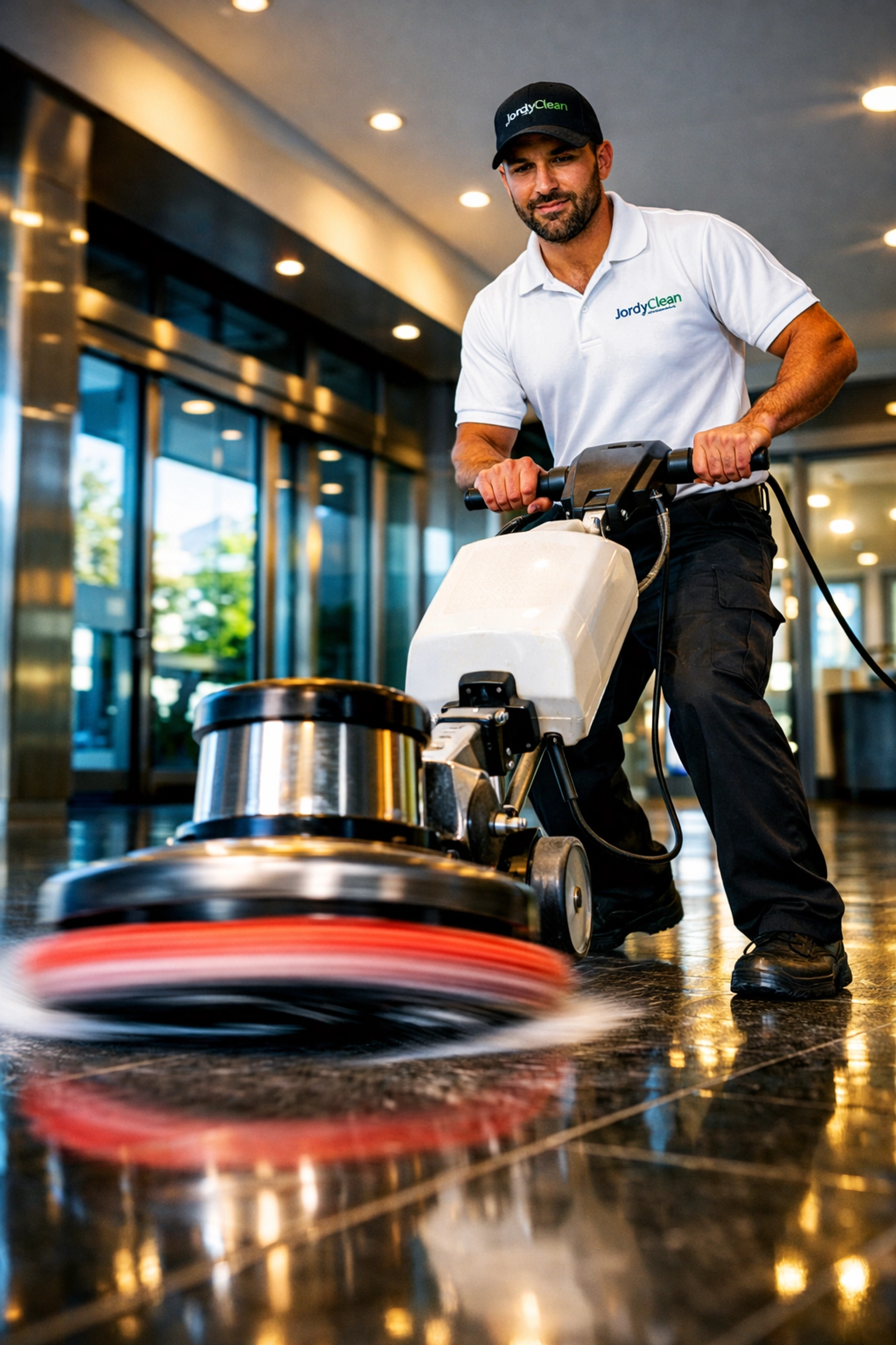 JordyClean worker buffing commercial lobby floor with professional equipment